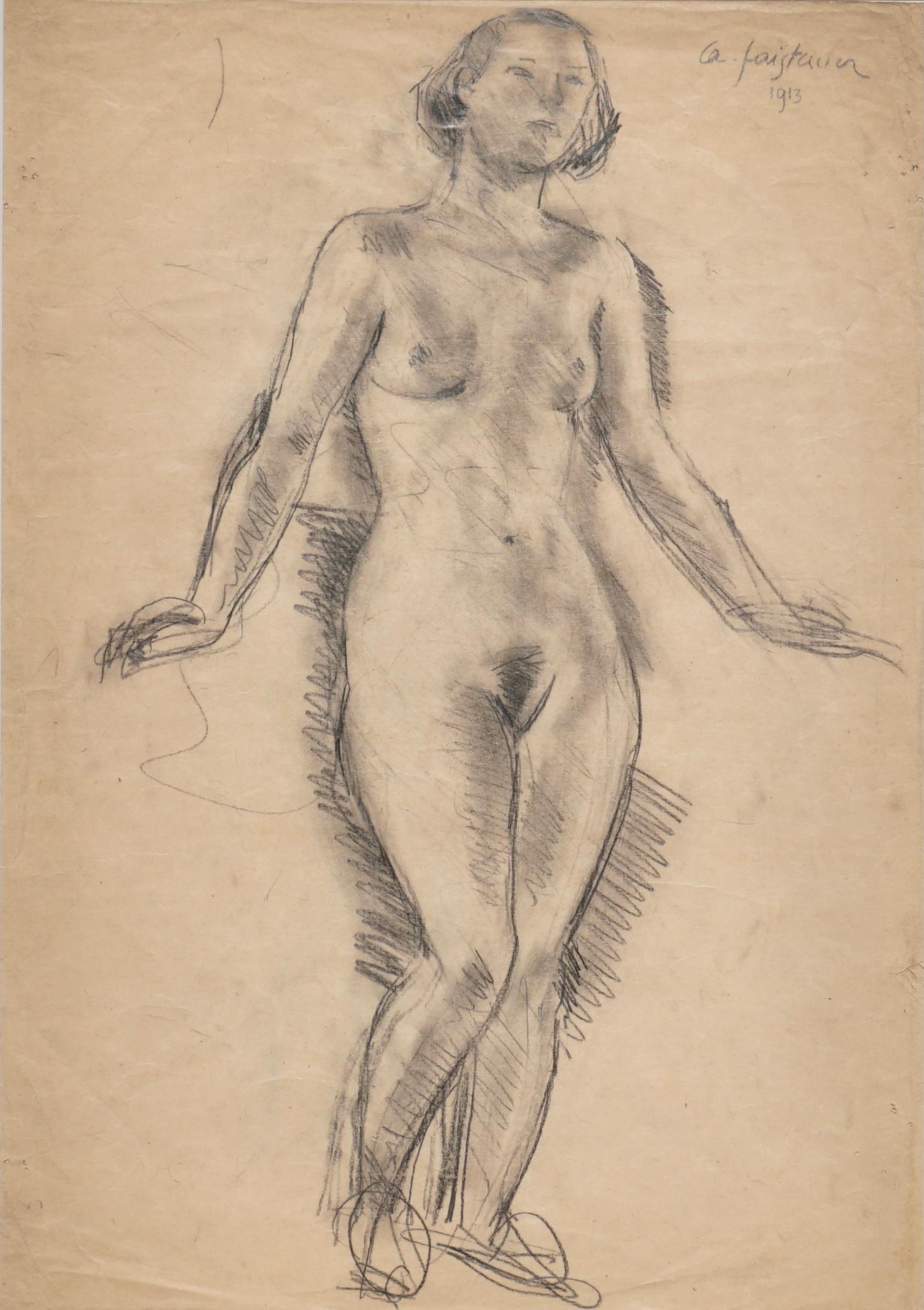 Anton Faistauer ( 1887-1930) Female Nude standing 1913
Black chalk on paper
Signed upper right and dated 1913, 
Sheet: 18.9 X 13 Inches (48x33cm)
framed: 26.5 X 20.75 
Provenance: Recently acquired from a prominent Viennese estate.
Condition: