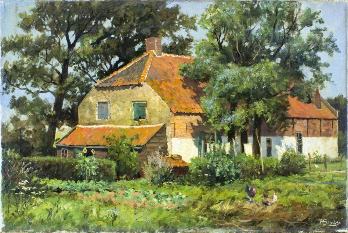 Farmhouse in the Countryside (peinture à l'huile impressionniste, vers 1920) - Painting de Anton Funke