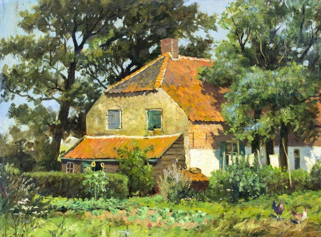 Farmhouse in the Countryside (peinture à l'huile impressionniste, vers 1920) - Réalisme Painting par Anton Funke