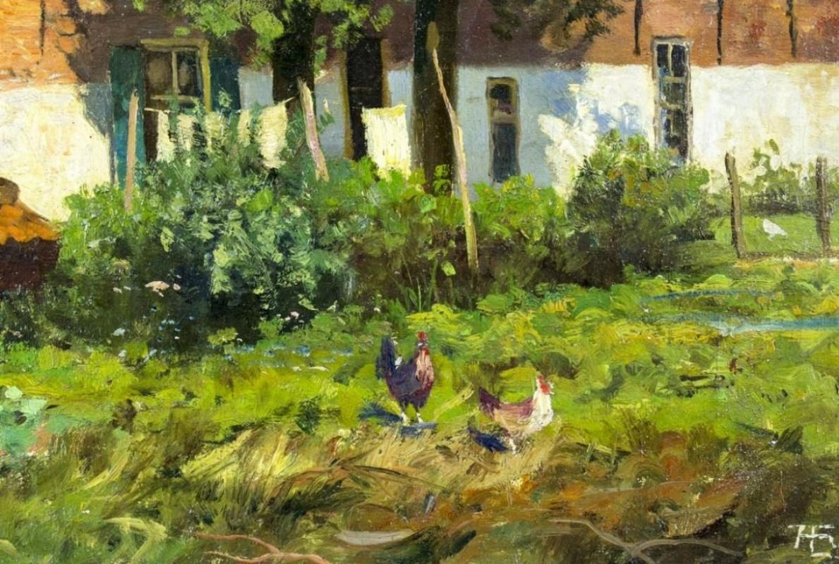 Une belle scène rurale impressionniste, d'une vieille ferme avec un toit en terre cuite et des poules dans la cour. Le peintre Anton Funke est répertorié comme étant à la fois allemand et néerlandais (né en 1869) et ayant passé du temps dans les