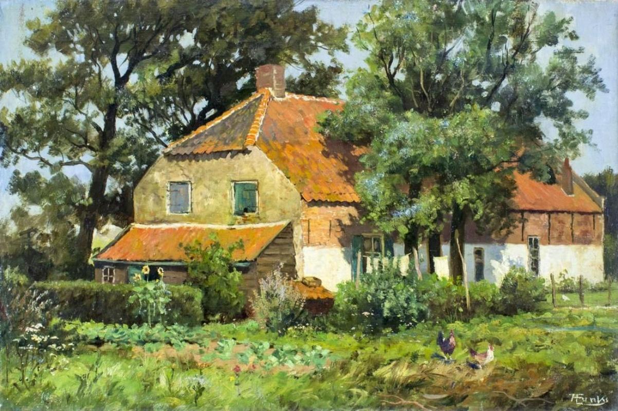 Anton Funke Landscape Painting - Farmhouse in the Countryside (Impressionist Oil Painting, c. 1920)