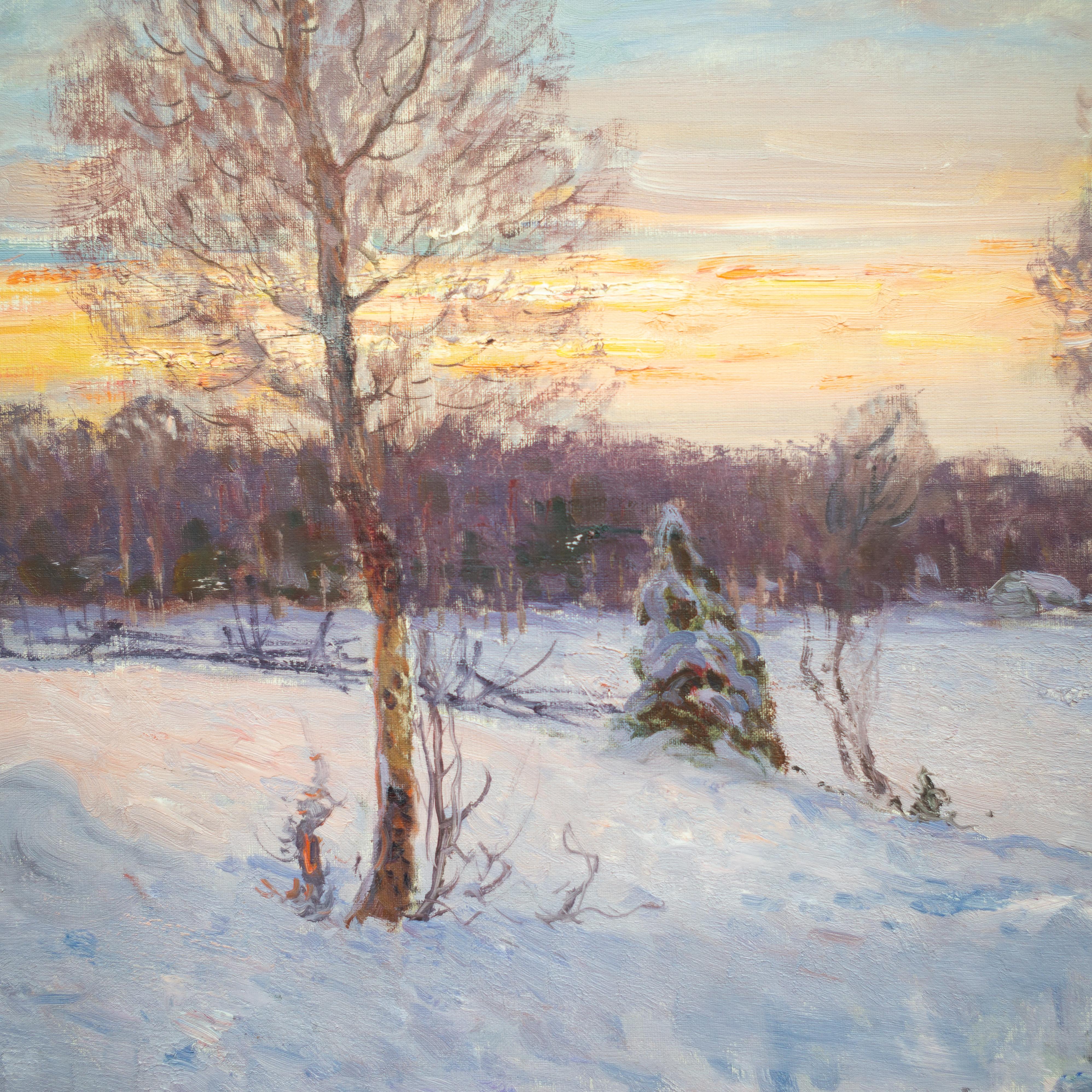 Eine herrliche Winterlandschaft des schwedischen Künstlers Anton Genberg (1862-1939).
Auf diesem Gemälde aus dem Jahr 1912 sehen wir die charakteristischen Merkmale, die ihn so berühmt gemacht haben. 
Wie die frühere Impressionismus-Bewegung wurde