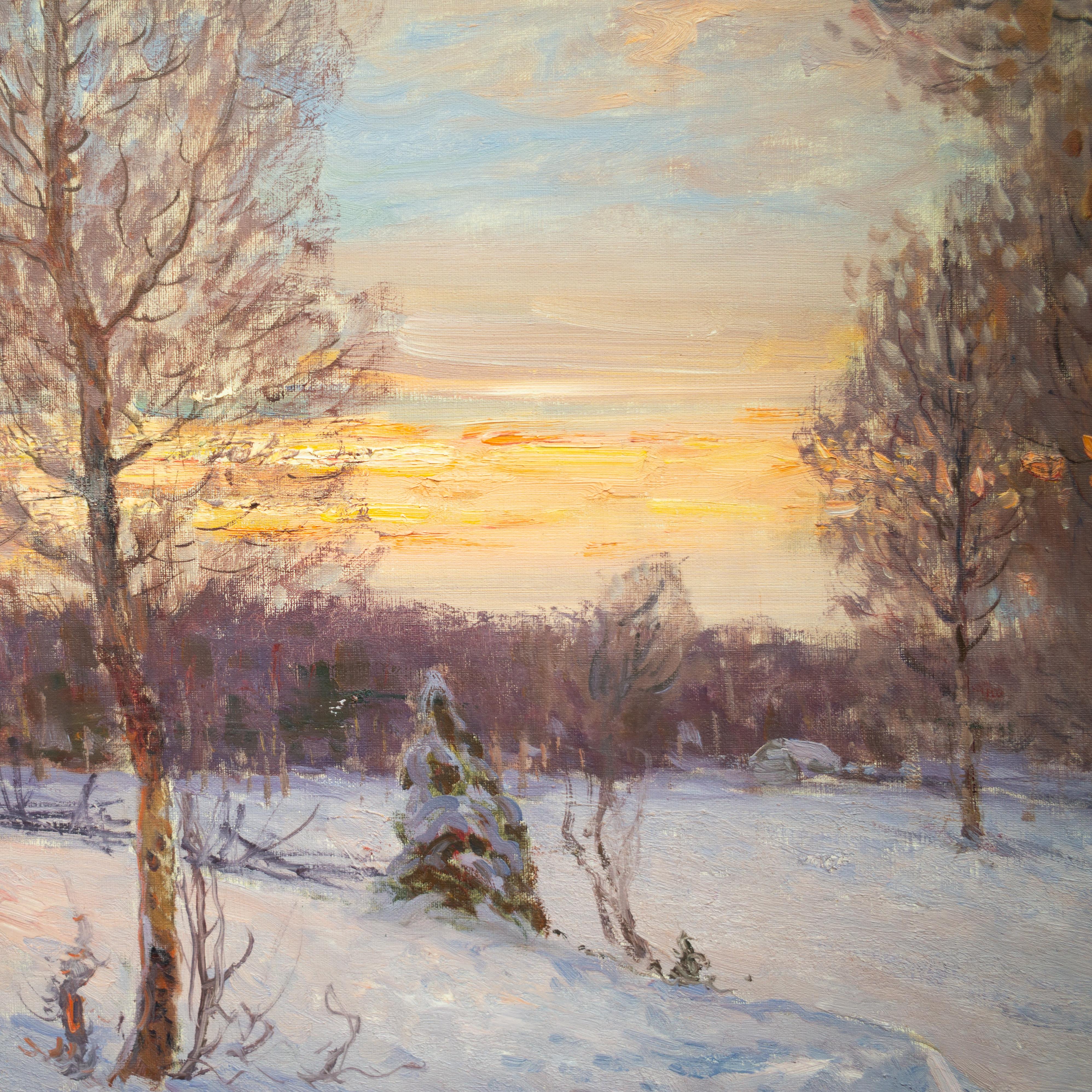 Impressionistische Winterlandschaft in Abendlicht des schwedischen Künstlers Anton Genberg im Angebot 1