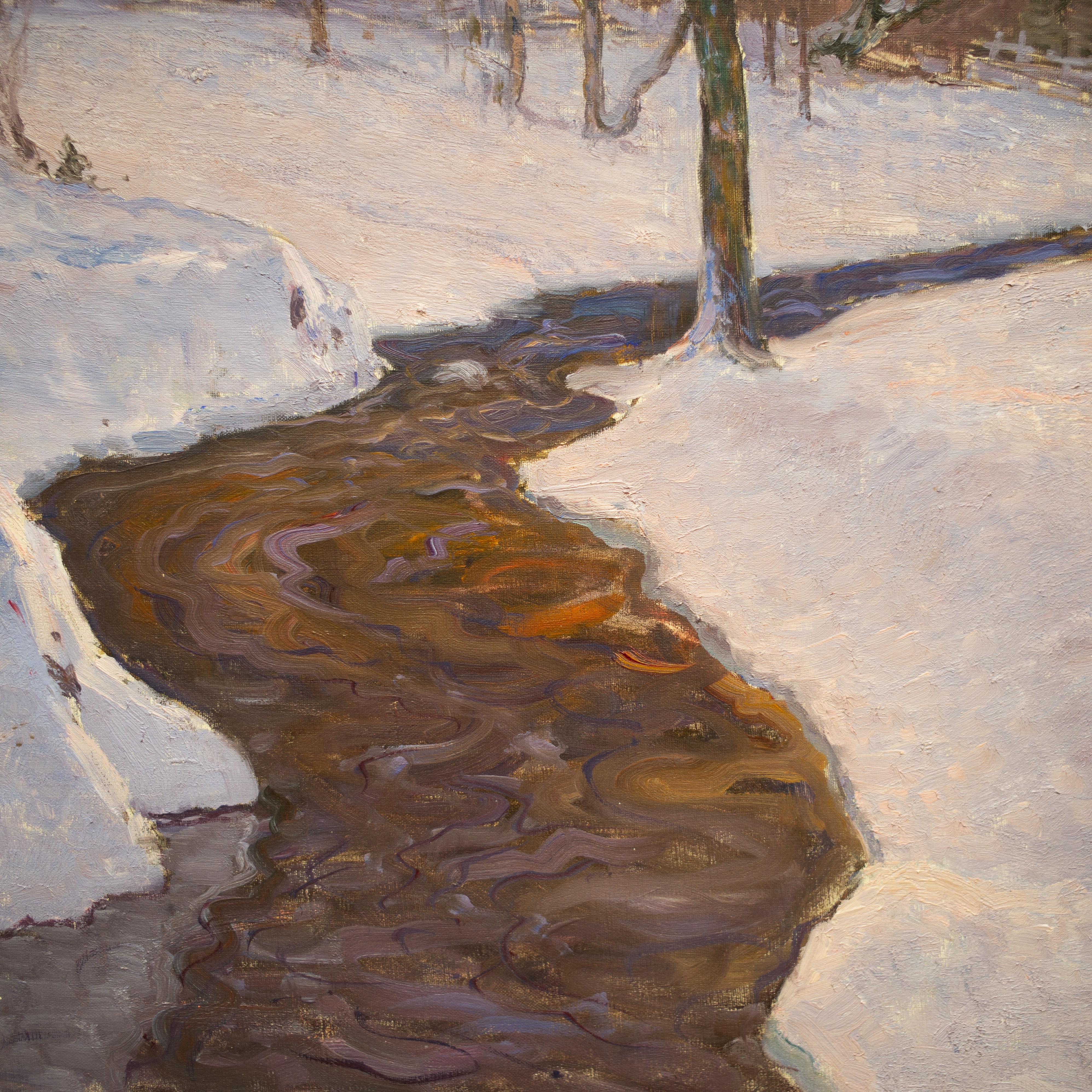Impressionistische Winterlandschaft in Abendlicht des schwedischen Künstlers Anton Genberg im Angebot 4