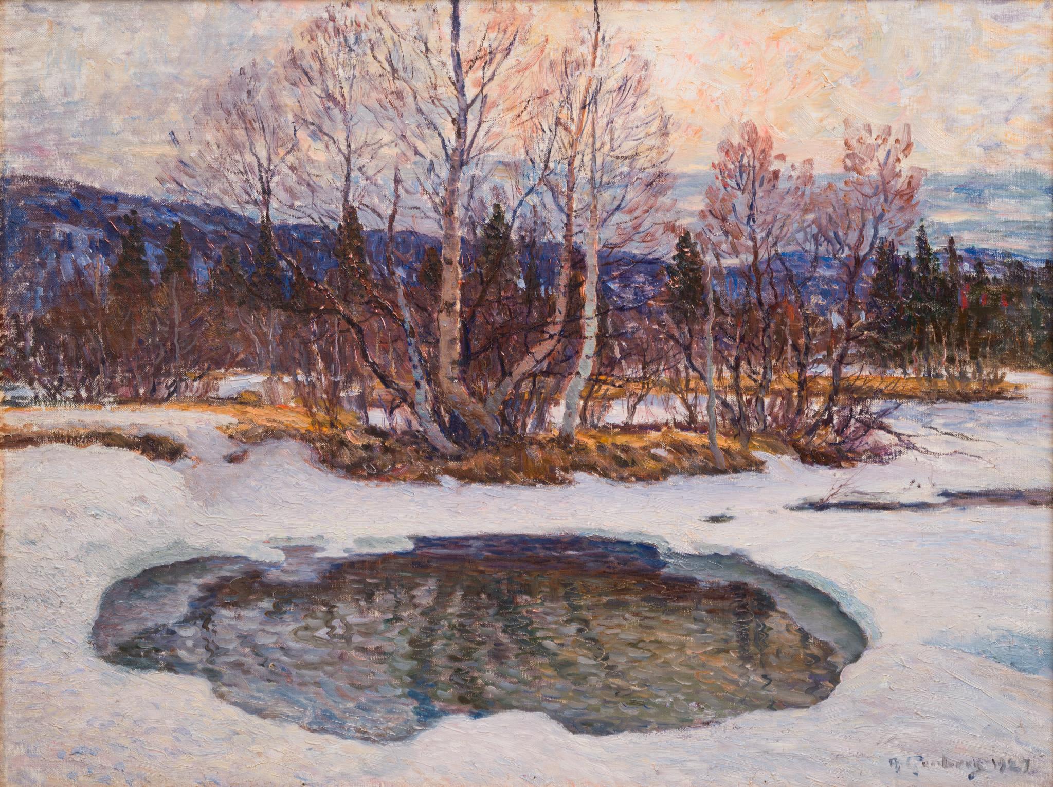Paesaggio invernale impressionistico intitolato Lo stagno d'inverno, 1927 - Painting di Anton Genberg