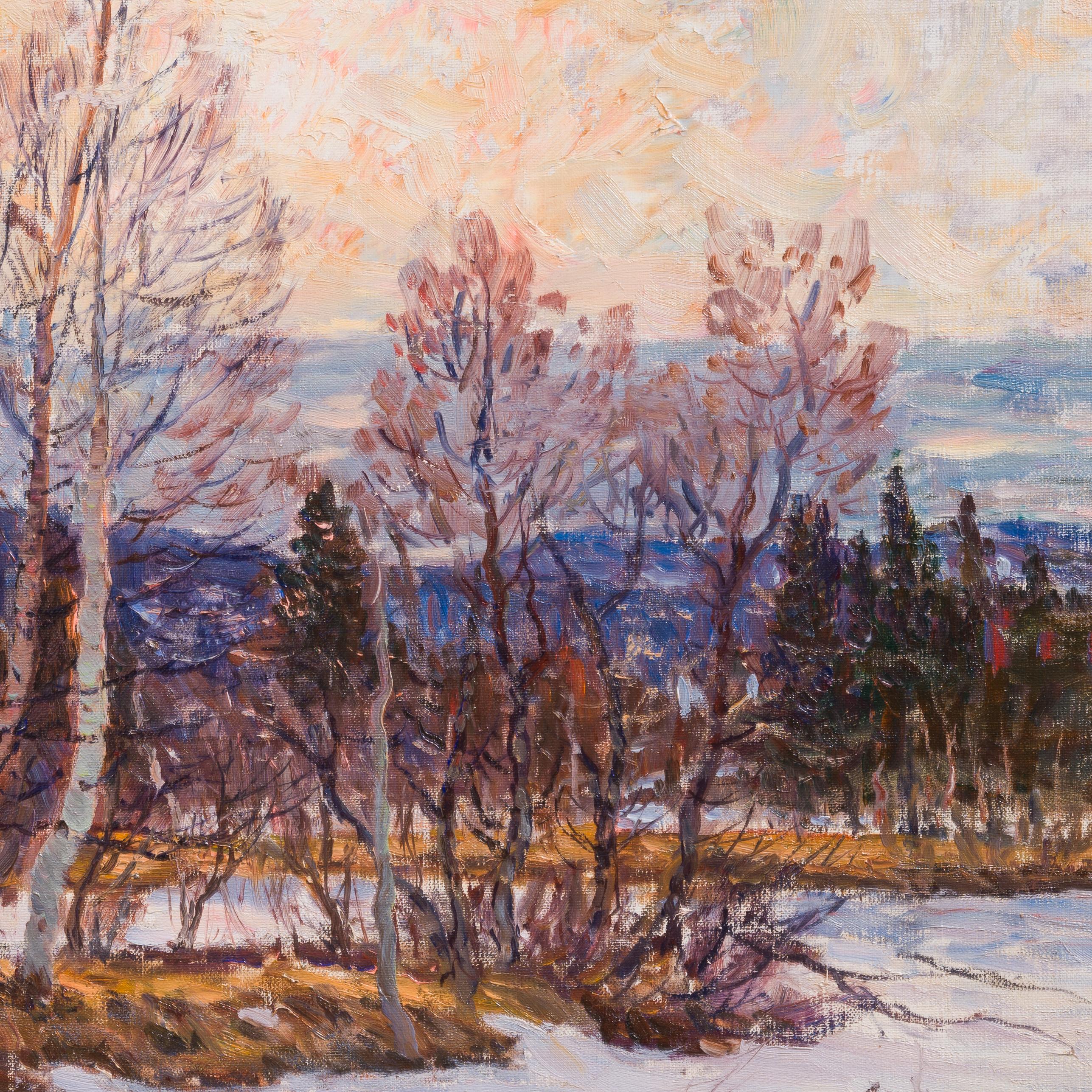 Der Winterteich ist ein fesselndes Gemälde von Anton Genberg, einem schwedischen Künstler, der für seine naturalistischen Landschaften bekannt ist. Dieses besondere Werk aus dem Jahr 1927 lädt den Betrachter in eine ruhige Winterszene ein, die durch