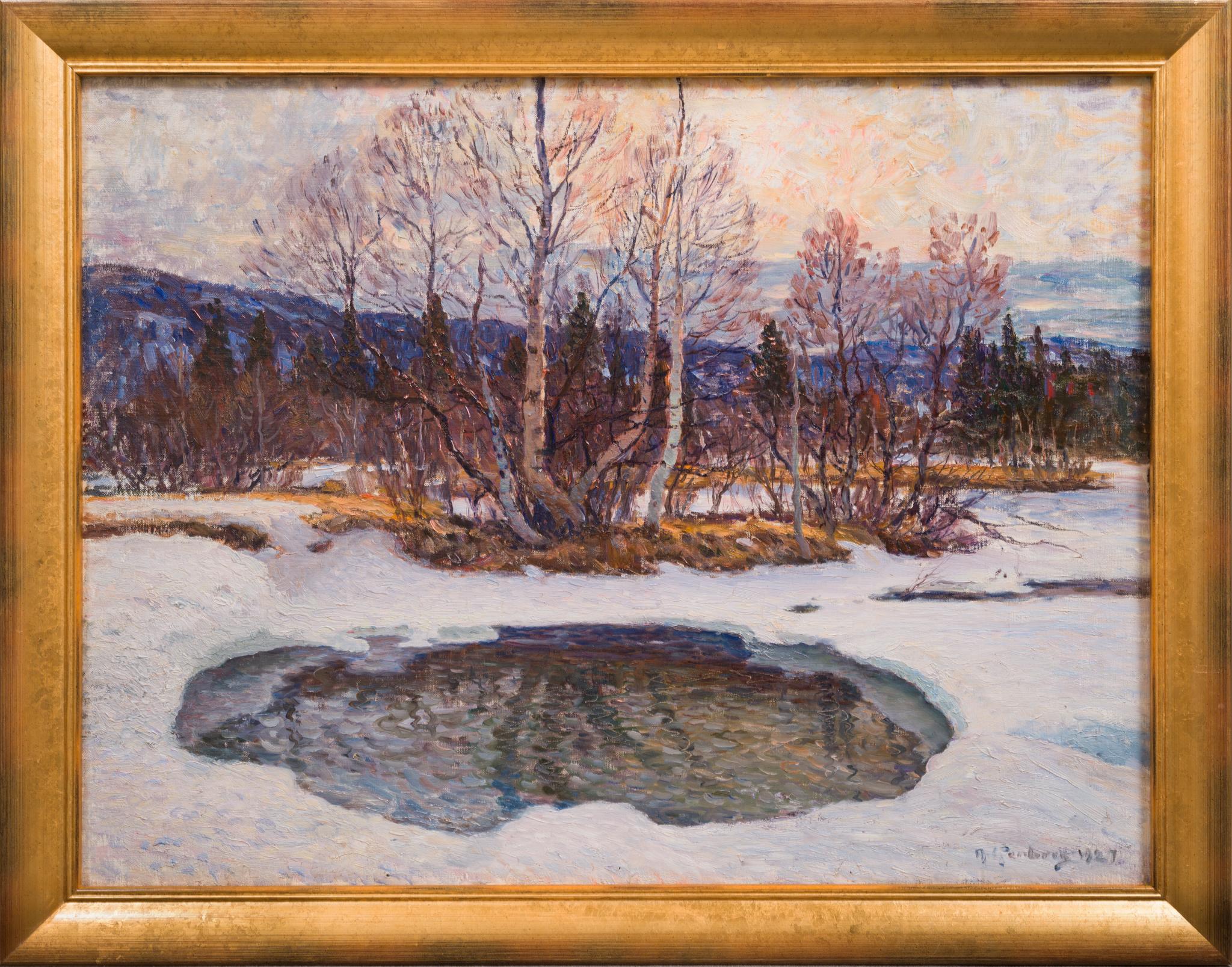 Anton Genberg Landscape Painting – Impressionistische Winterlandschaft mit dem Titel The Winter Pond, 1927