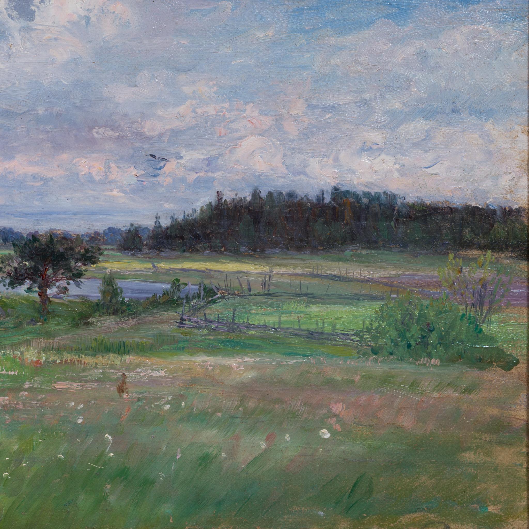 This oil on canvas by Anton Genberg, signed and dated 1894, portrays a Scandinavian summer landscape bathed in gentle light. The composition features lush green meadows in the foreground leading the eye towards a calm expanse of water. Along the