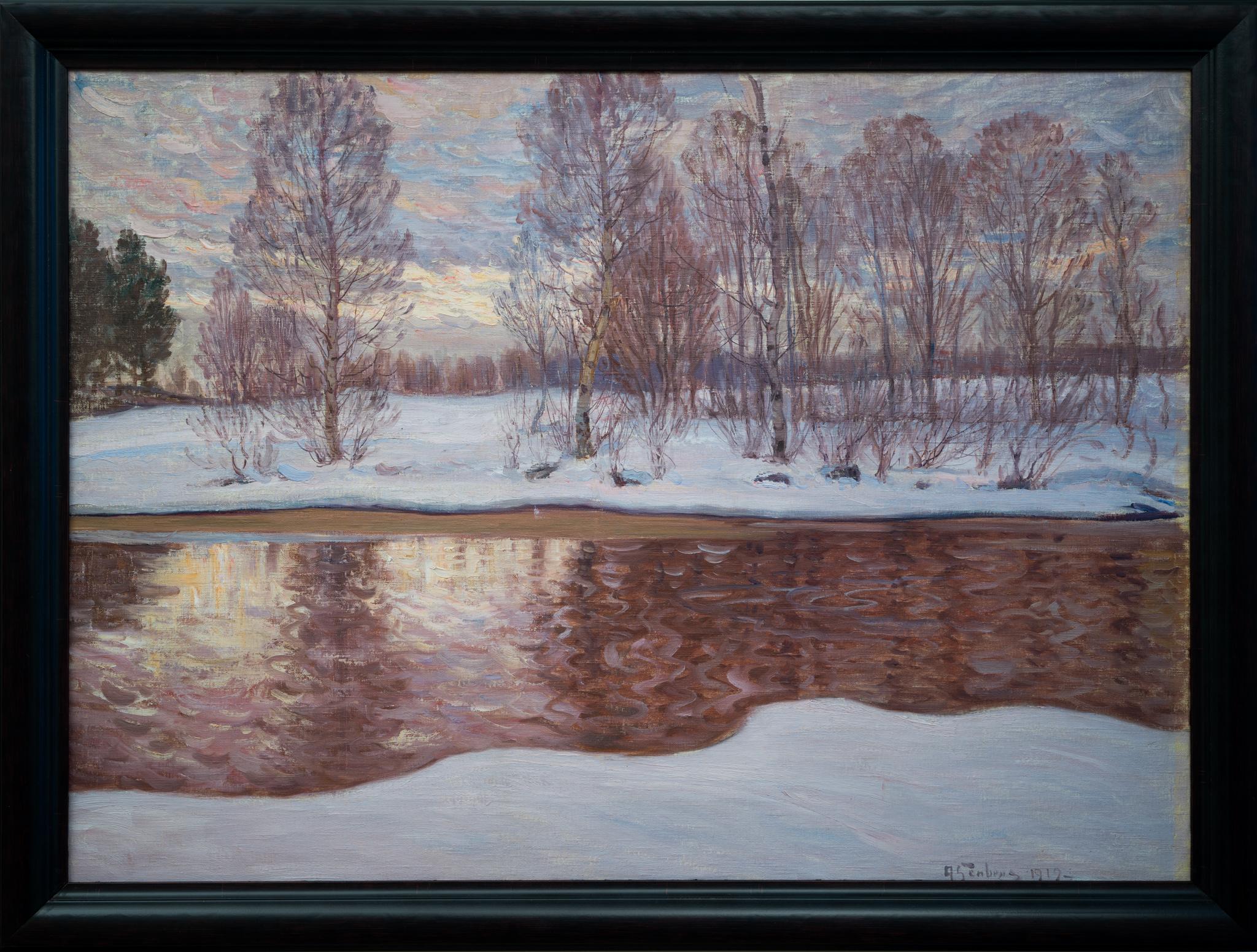 We are honored to present for sale a captivating winter landscape painting by Anton Jonsson Genberg, completed in 1919. This piece is a pristine representation of Genberg's artistry, known for his naturalistic depiction of the Scandinavian