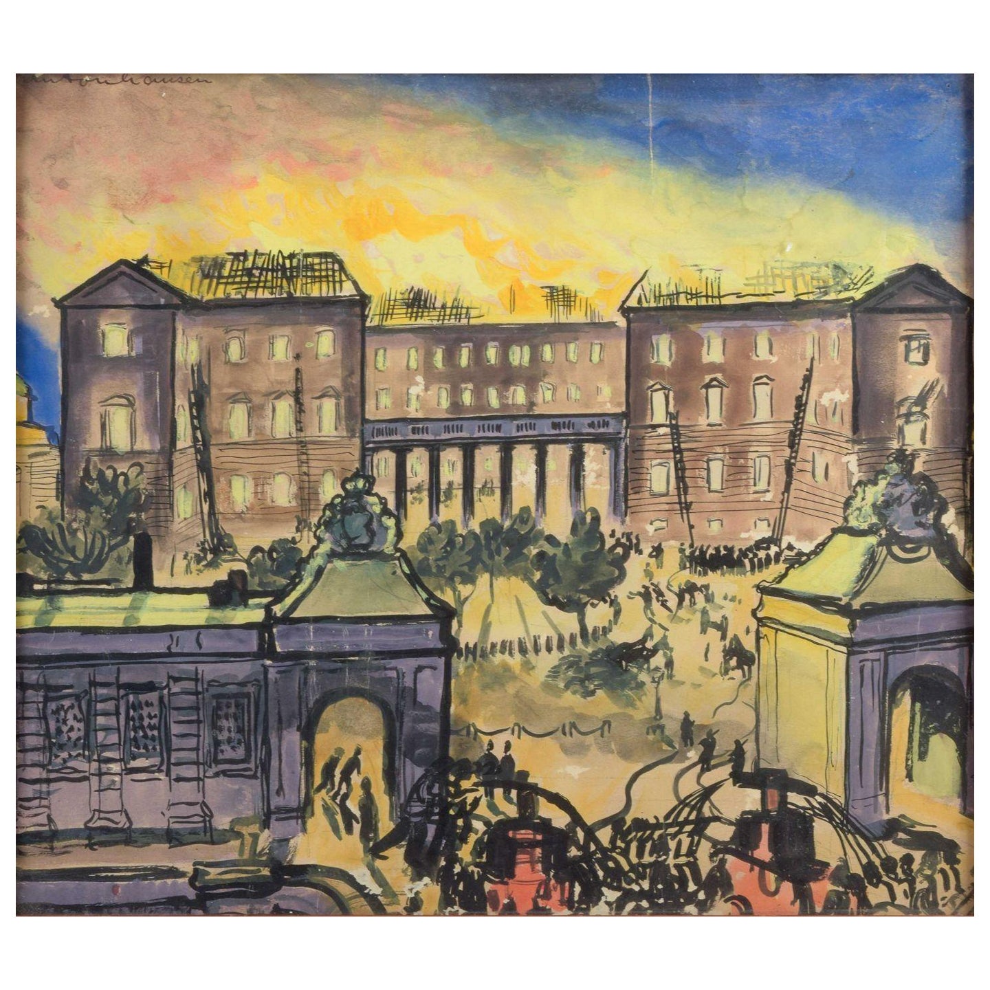 Anton Hansen. Aquarelle. Palais de Christiansborg pendant le grand incendie. Années 1920/30 en vente