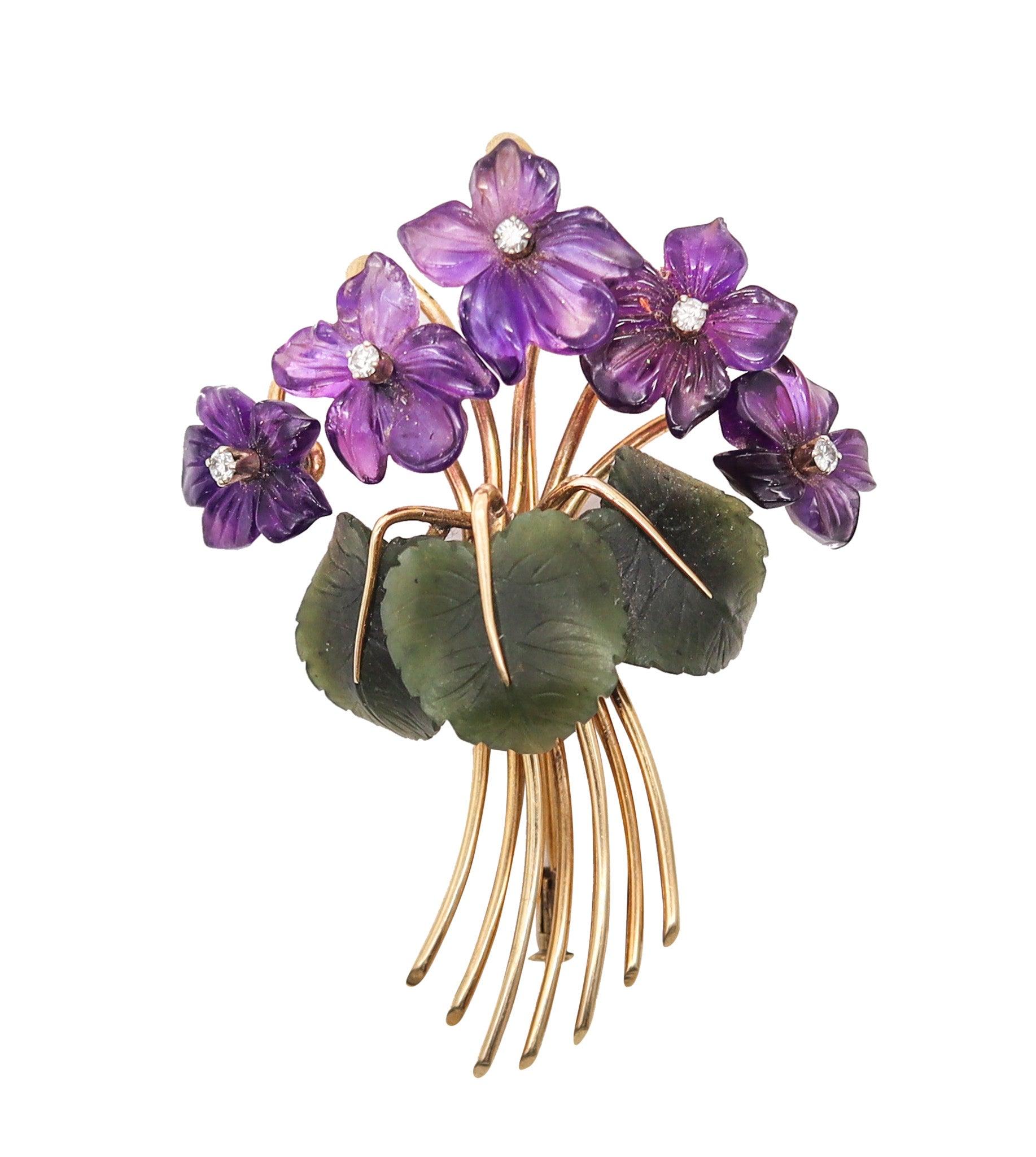 Art Nouveau ANTON JANDA Austria 1950 Parure Set In 14Kt Gold Diamonds. Nephrite & Amethysts For Sale