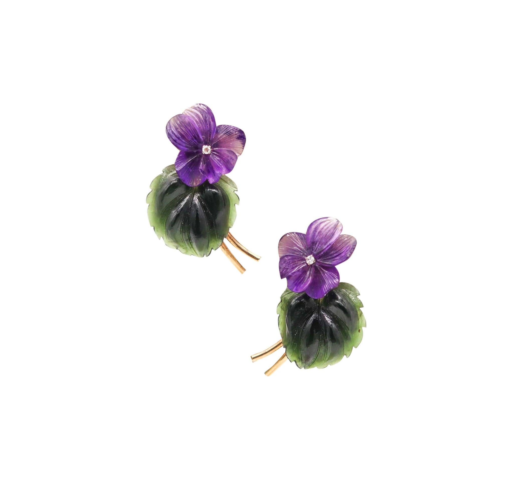 Uncut ANTON JANDA Austria 1950 Parure Set In 14Kt Gold Diamonds. Nephrite & Amethysts For Sale