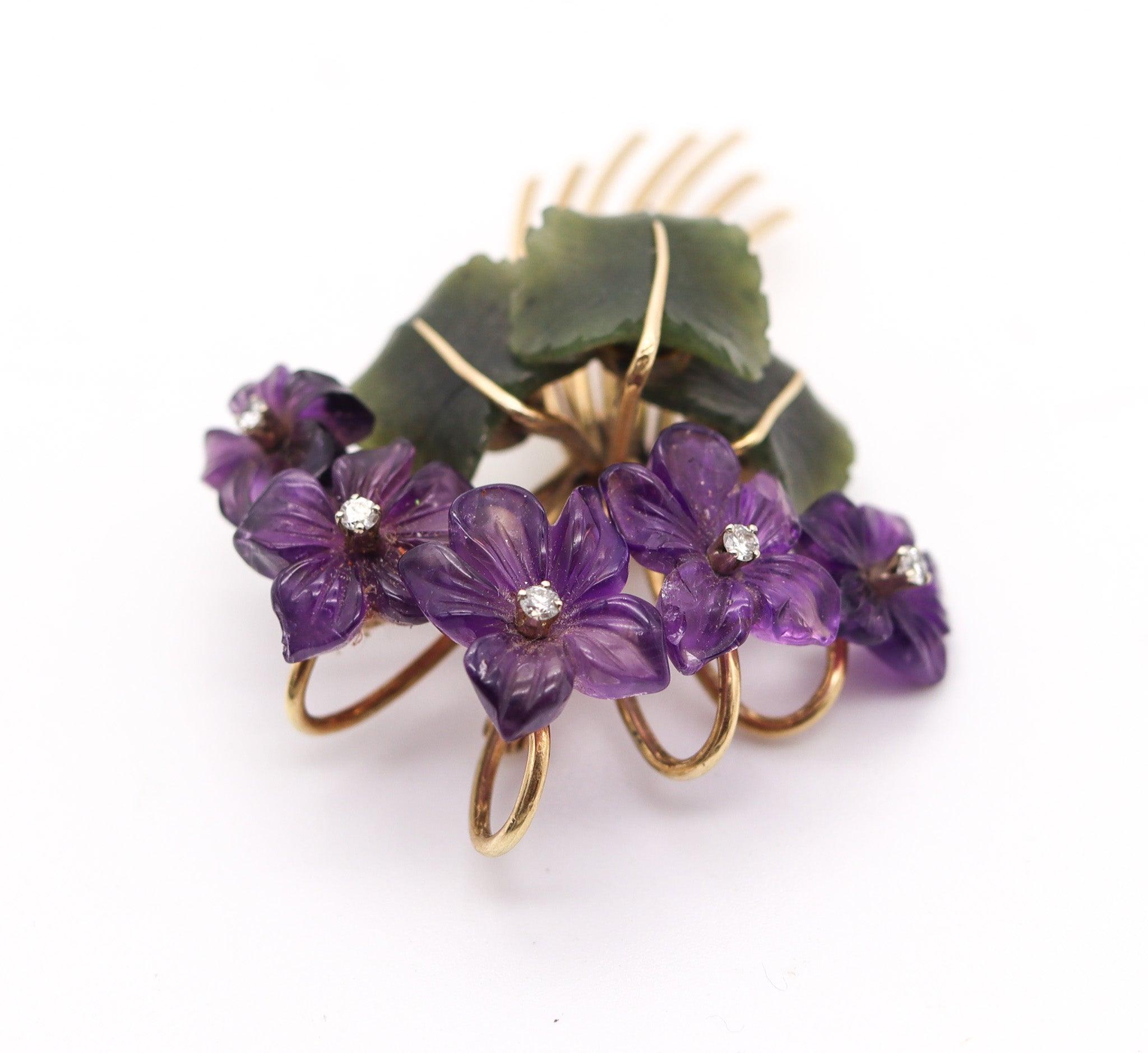 Women's ANTON JANDA Austria 1950 Parure Set In 14Kt Gold Diamonds. Nephrite & Amethysts For Sale