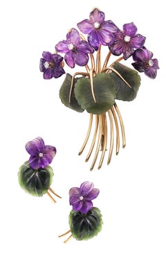 ANTON JANDA Austria 1950 Parure Set In 14Kt Gold Diamonds. Nephrite & Amethysts