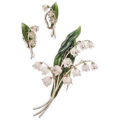 Anton Janda Austrian 1950 Brooch Earring Set in 18kt Gold with Diamonds Nephrite