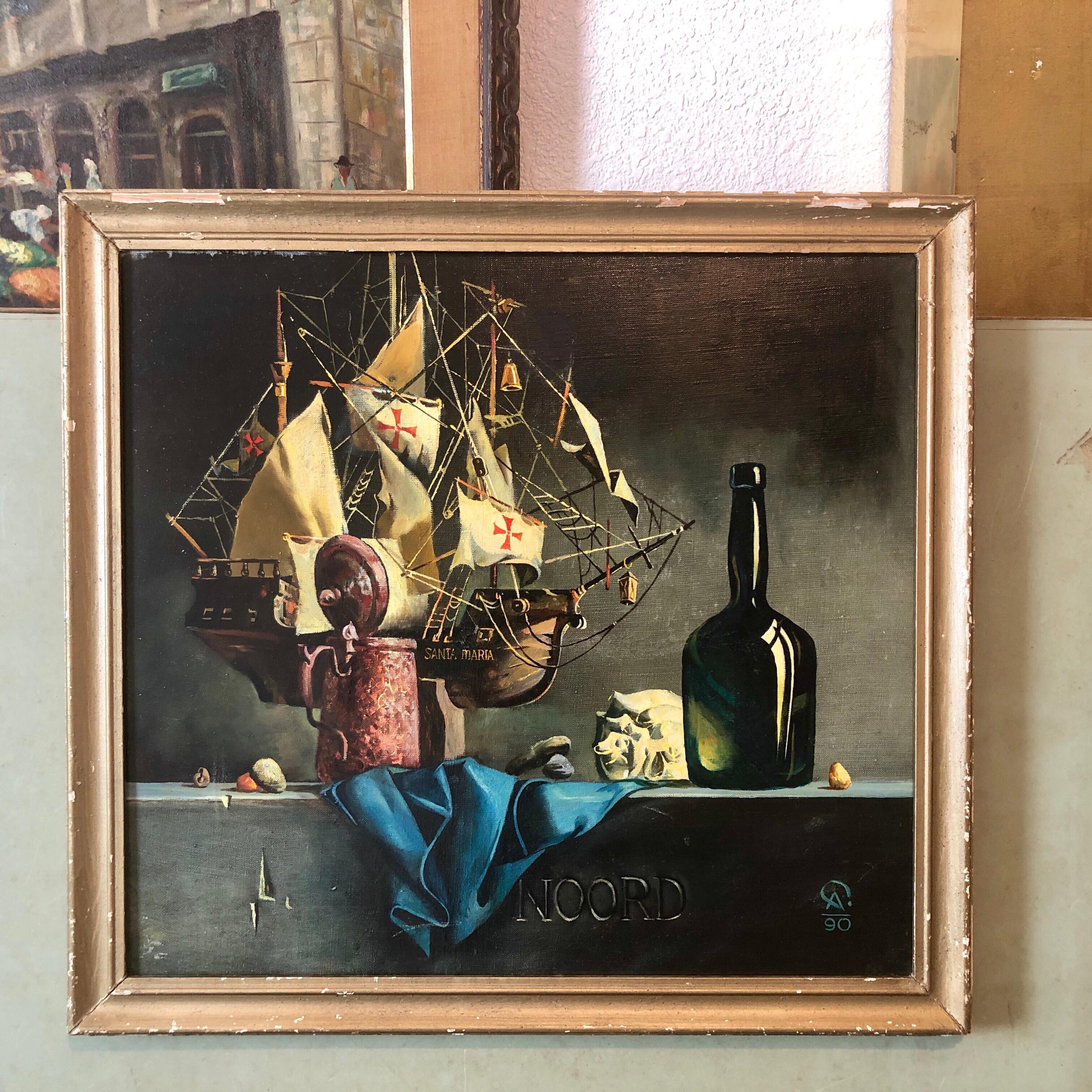 Russian-Ukrainian Oil Painting of Model Ship Santa Maria Still Life with Bottle 4