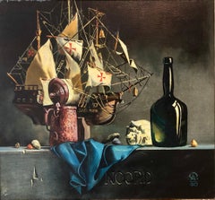 Russian-Ukrainian Oil Painting of Model Ship Santa Maria Still Life with Bottle