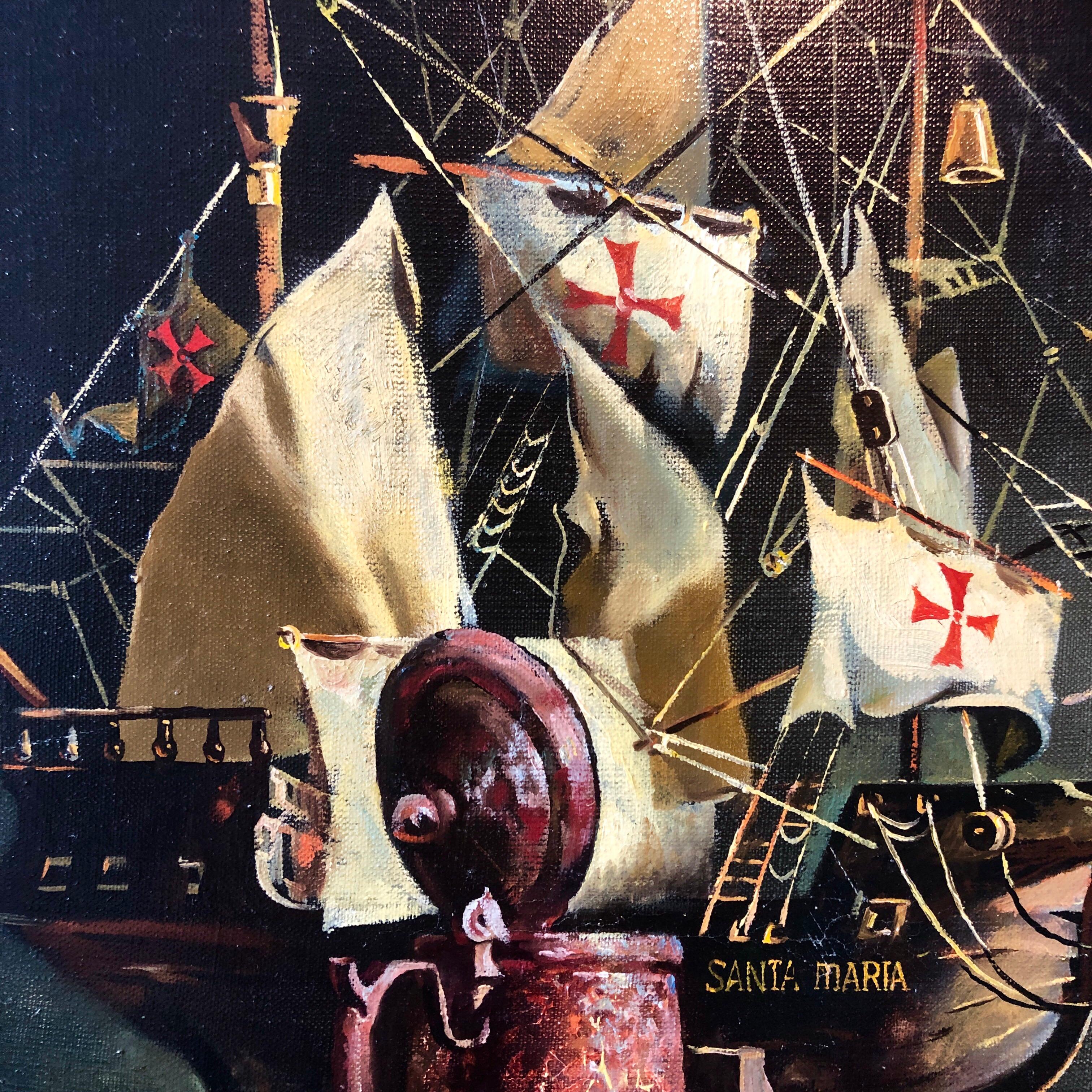 This is a classic still life tableaux with a model ship of the Santa maria from Christopher Columbus. along with a bottle on a tabletop. It is signed with artist monogram cypher and dated 1990 plus signed and titled verso on label.

 Anton S.