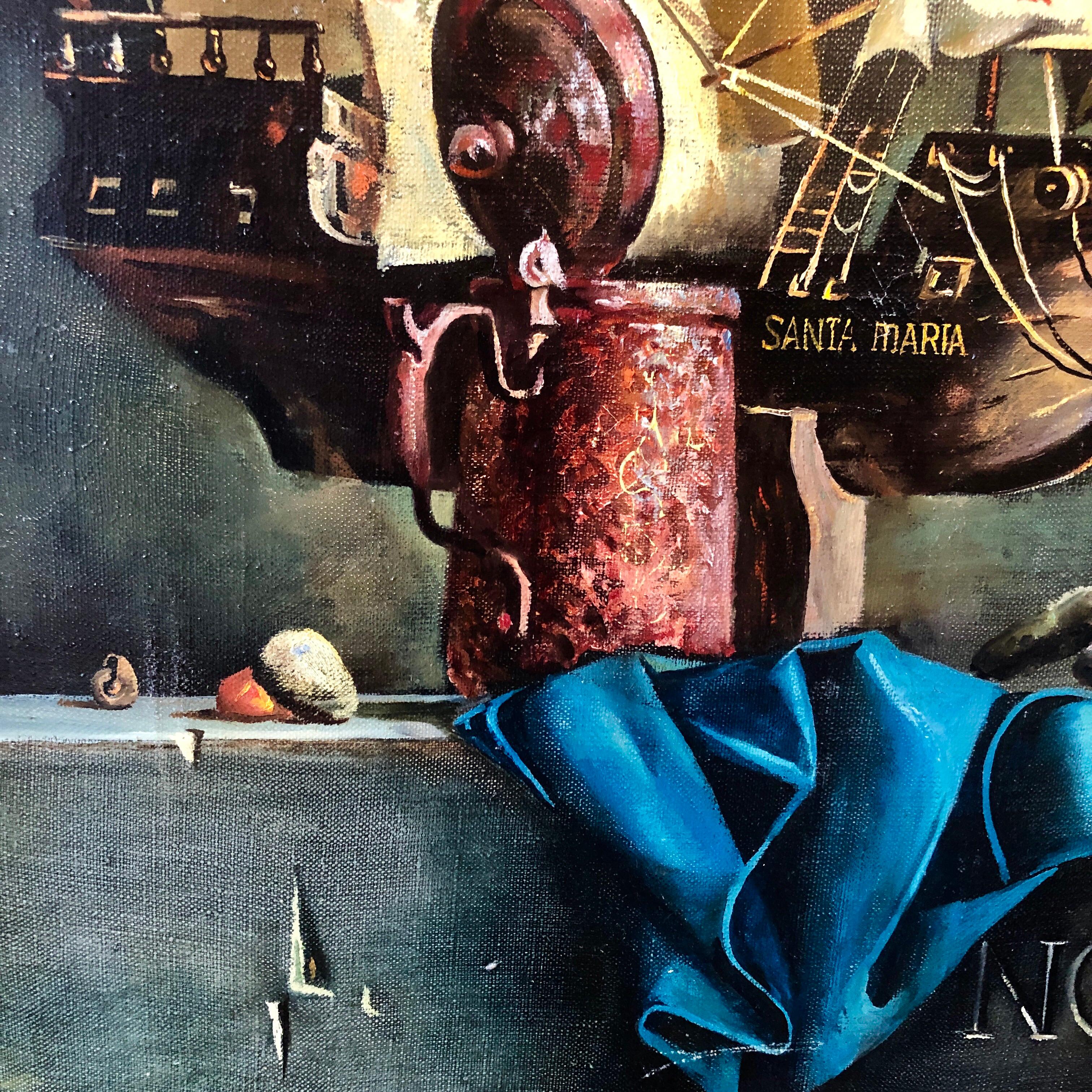 Russian-Ukrainian Oil Painting of Model Ship Santa Maria Still Life with Bottle 1