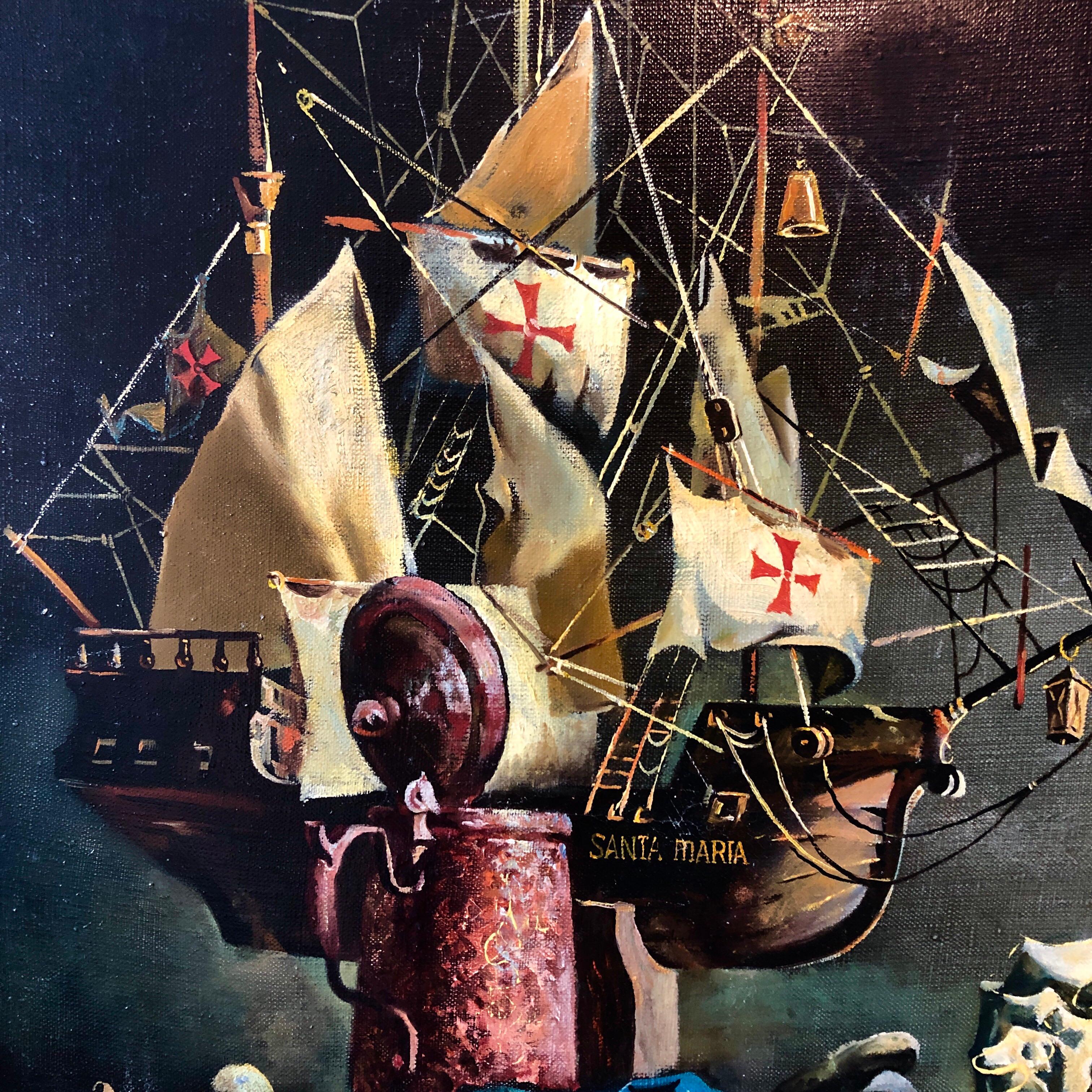 Russian-Ukrainian Oil Painting of Model Ship Santa Maria Still Life with Bottle 3