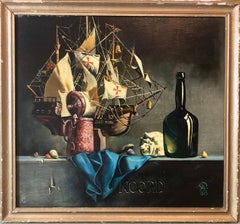 Retro Russian-Ukrainian Oil Painting of Model Ship Santa Maria Still Life with Bottle