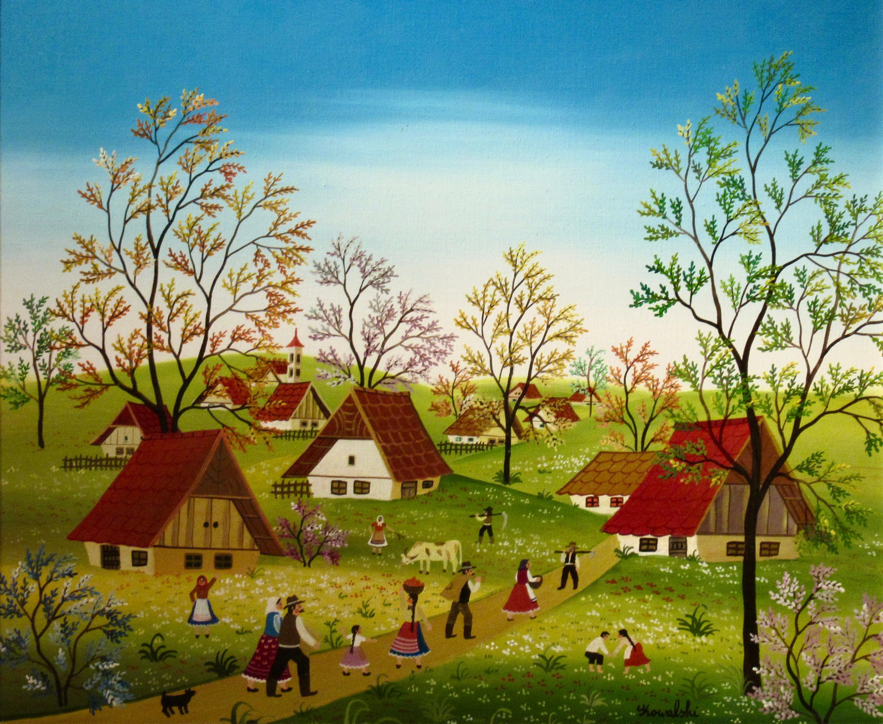Menschen des Dorfes – Painting von Anton Kowalski