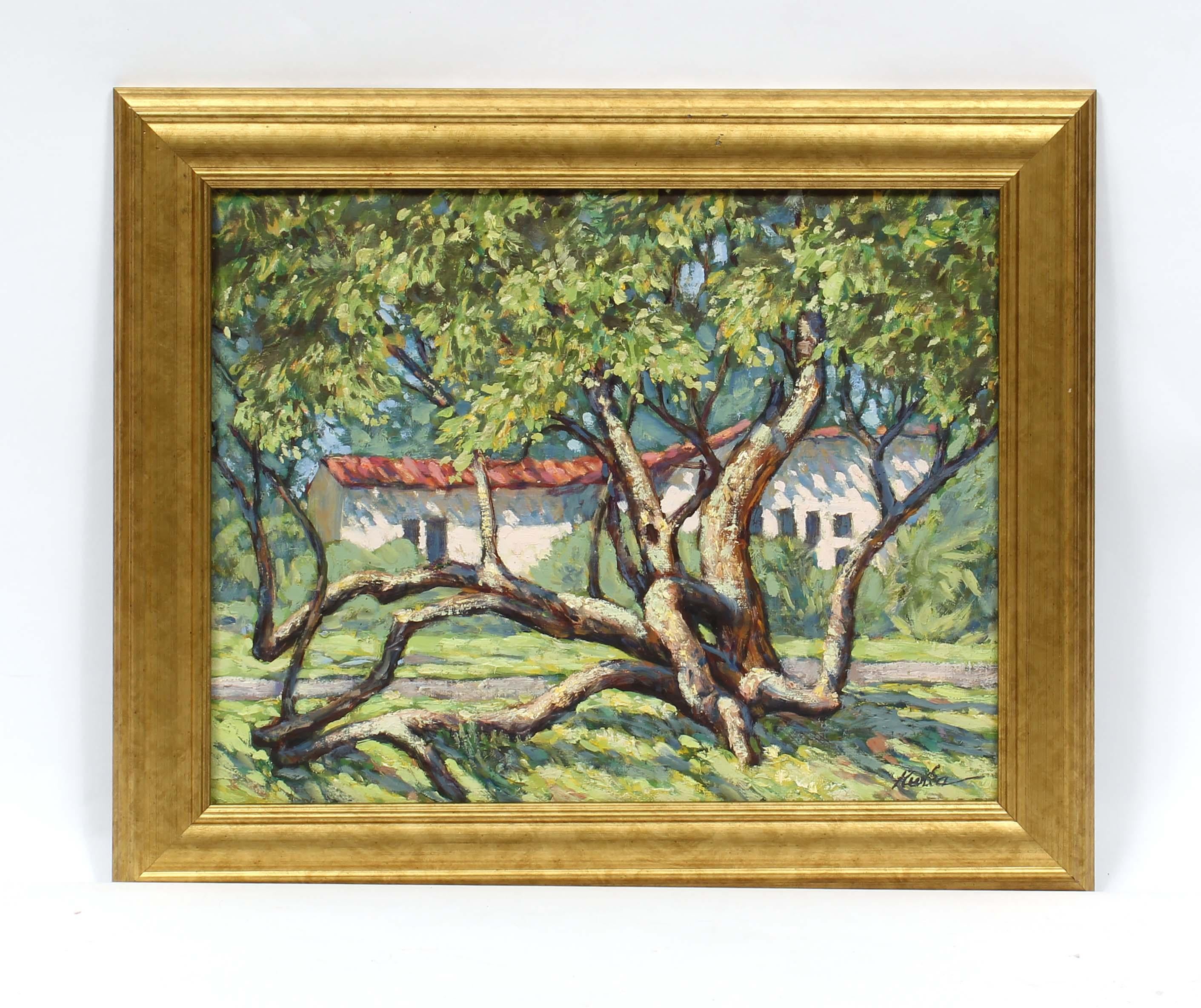 Pintura al óleo impresionista americana Paisaje de Florida Árbol firmado Boca Ratón - Painting de Anton Kurka