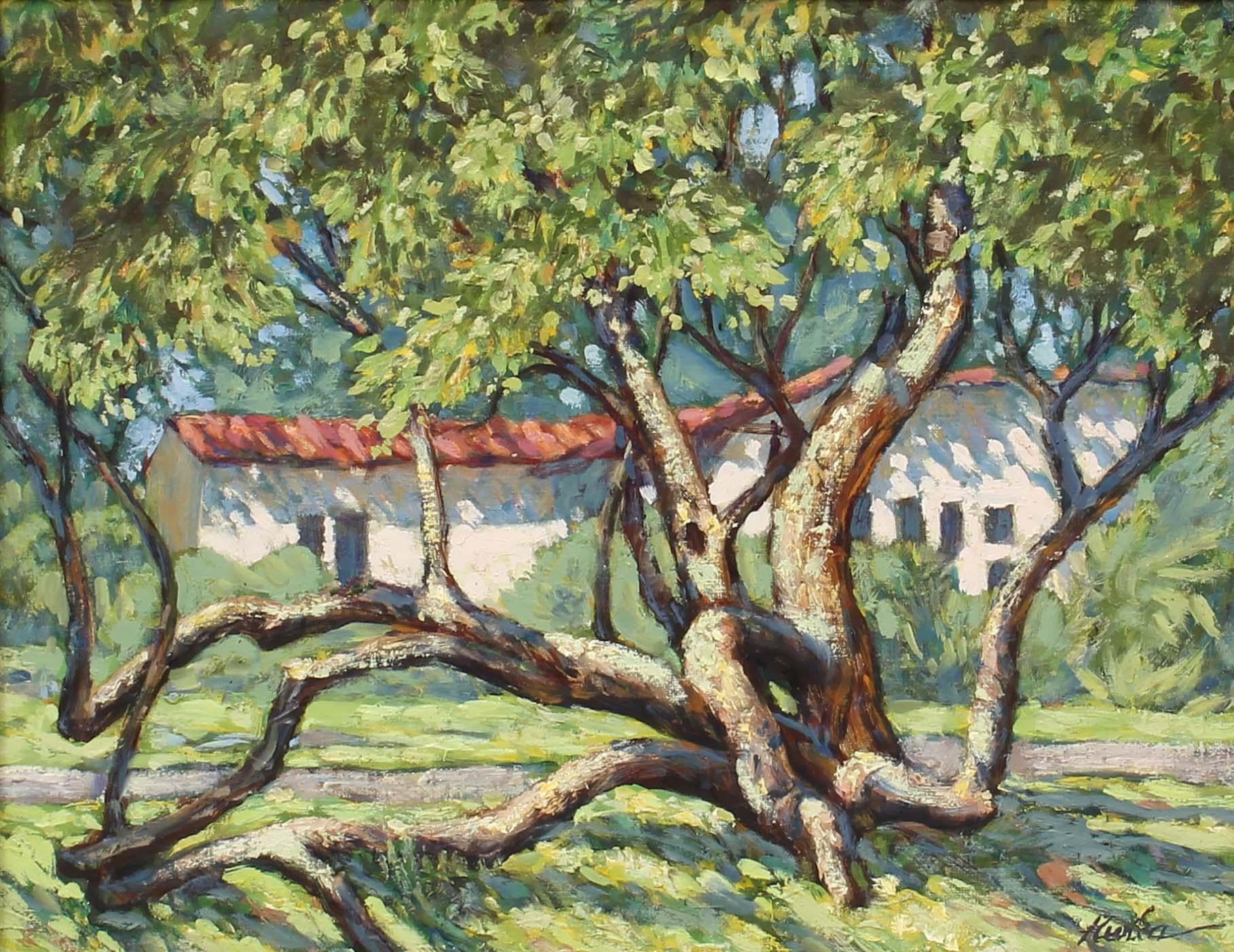 Una pintura impresionista moderna estadounidense que representa una granja en Boca Ratón, FL, con un emblemático árbol de limbo gumbo en el primer plano del cuadro.

Esta obra está firmada de forma ilegible y enmarcada en un marco dorado