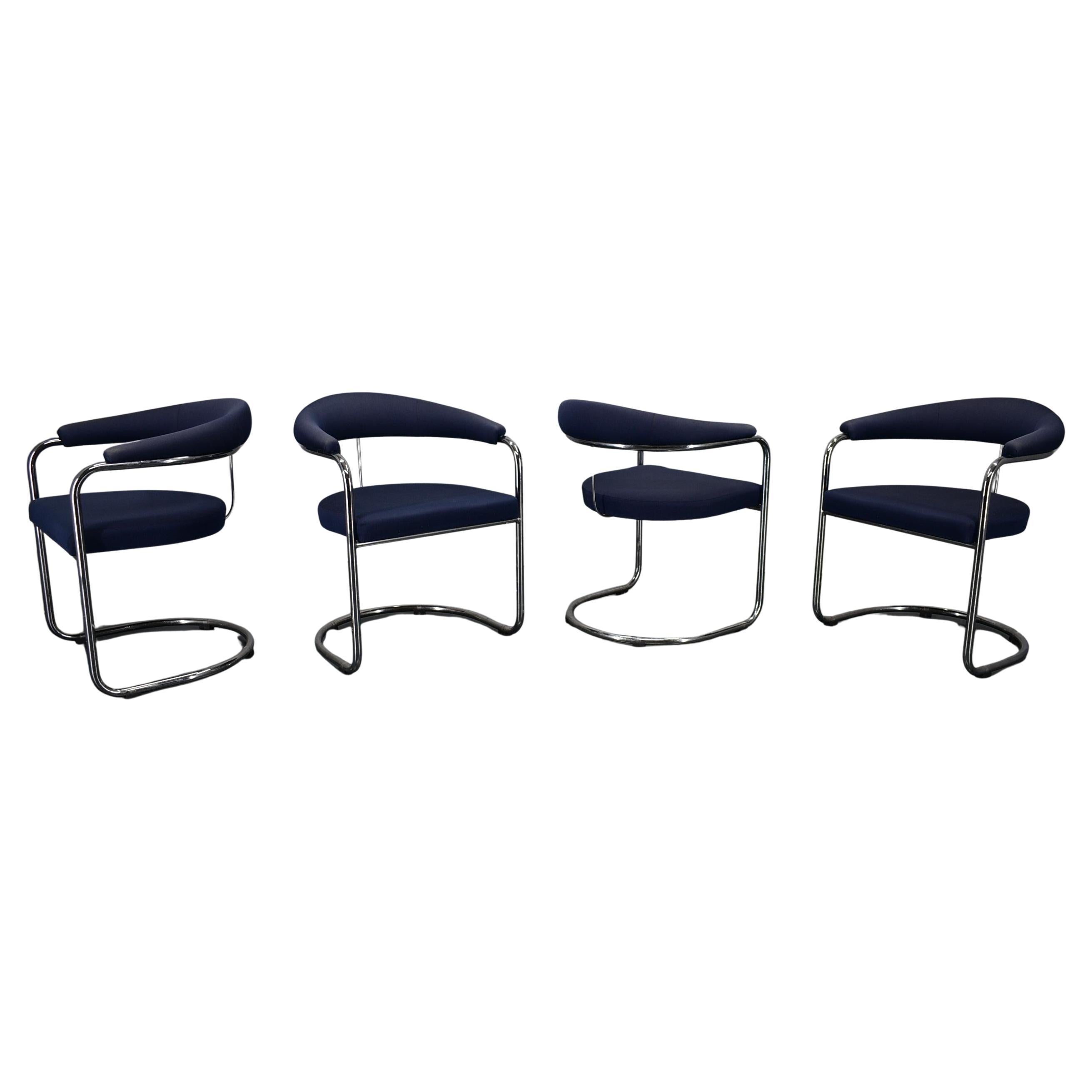 Anton Lorenz for Thonet "Ss33" Set of 4 chrome Armchairs in blue fabric , 1970s