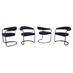 Anton Lorenz for Thonet "Ss33" Set of 4 chrome Armchairs in blue fabric , 1970s