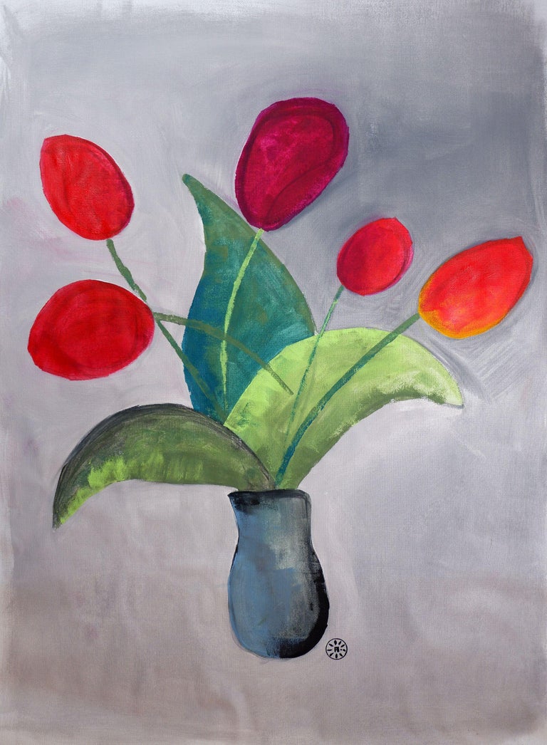 Anton Maliar Five Tulips, Painting, Acrylic on Paper For Sale at 1stDibs