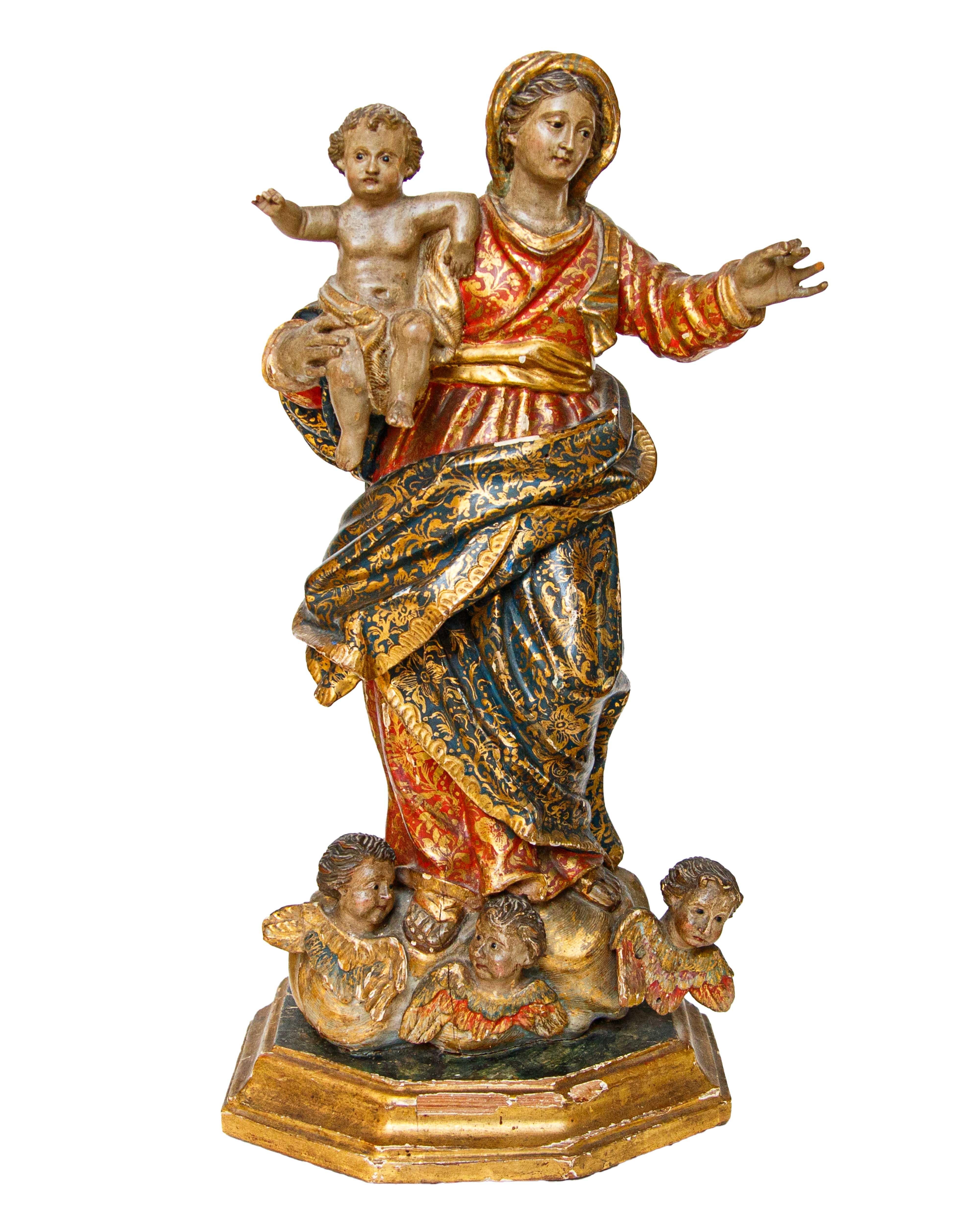 Scuola genovese, bottega di Anton Maria Maragliano 

(Genova, 18 settembre 1664 – Genova, 7 marzo 1739)

Madonna in gloria con il Bambino

Legno intagliato e dipinto, cm 52 x 28

Anton Maria Maragliano è stato il più importante artefice della