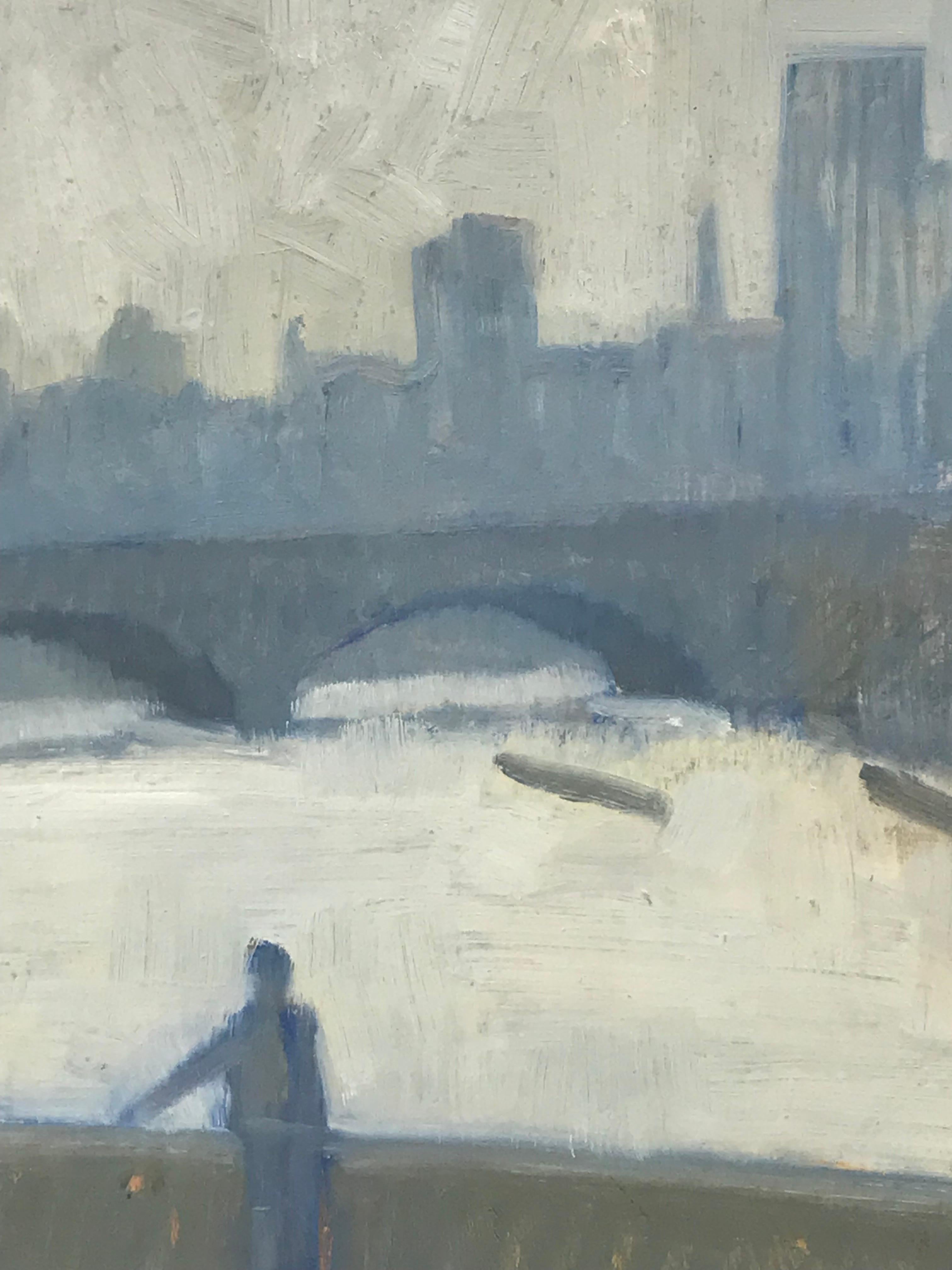 Modern British Signed Oil - London Skyline viewed from River Thames, grey tones - Painting by Anton Matthews