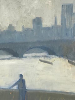 Modern British Signed Oil - London Skyline viewed from River Thames, grey tones