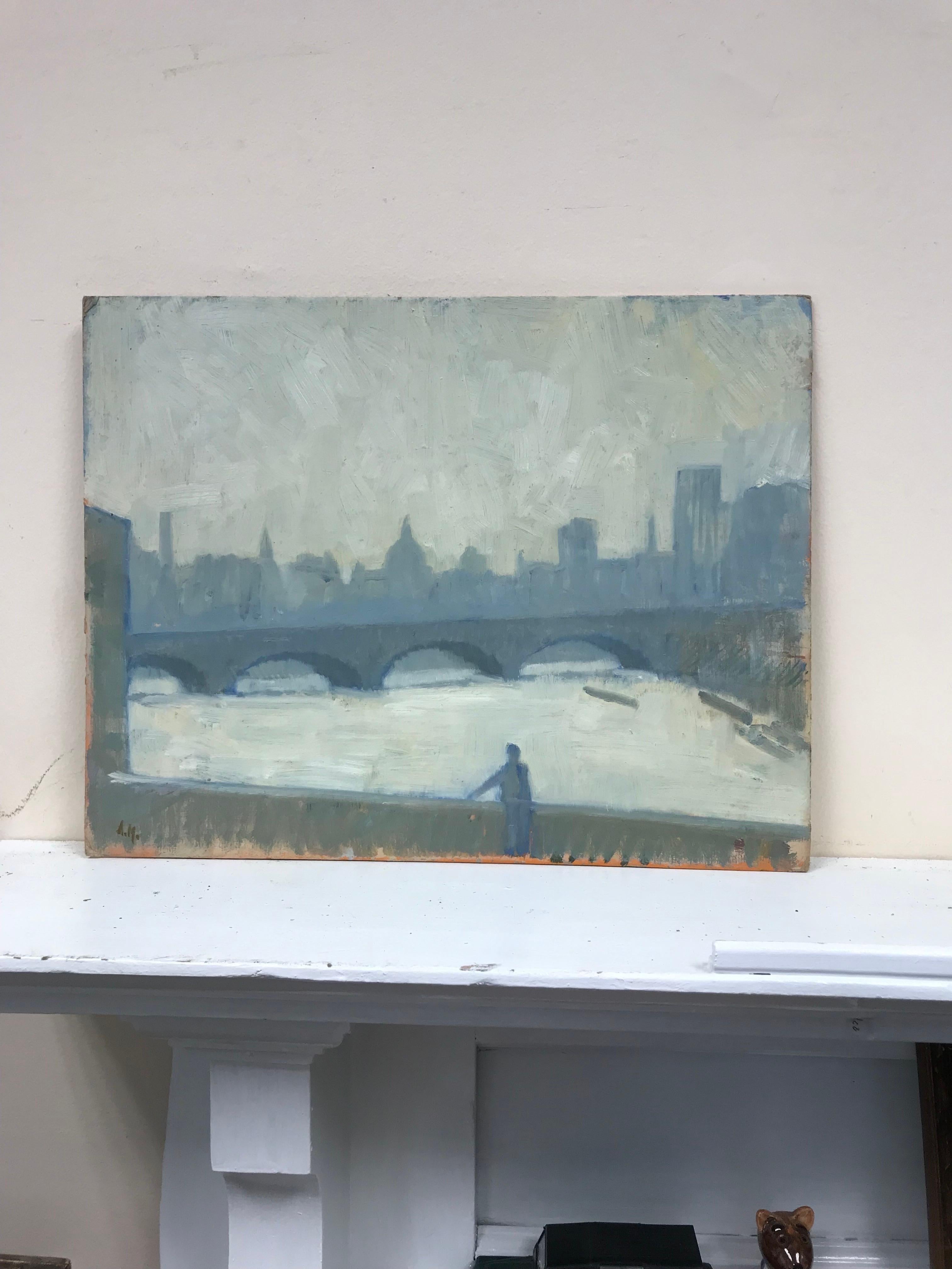 Olio firmato Modern British - Skyline di Londra vista dal fiume Tamigi, toni grigi - Painting Impressionismo di Anton Matthews