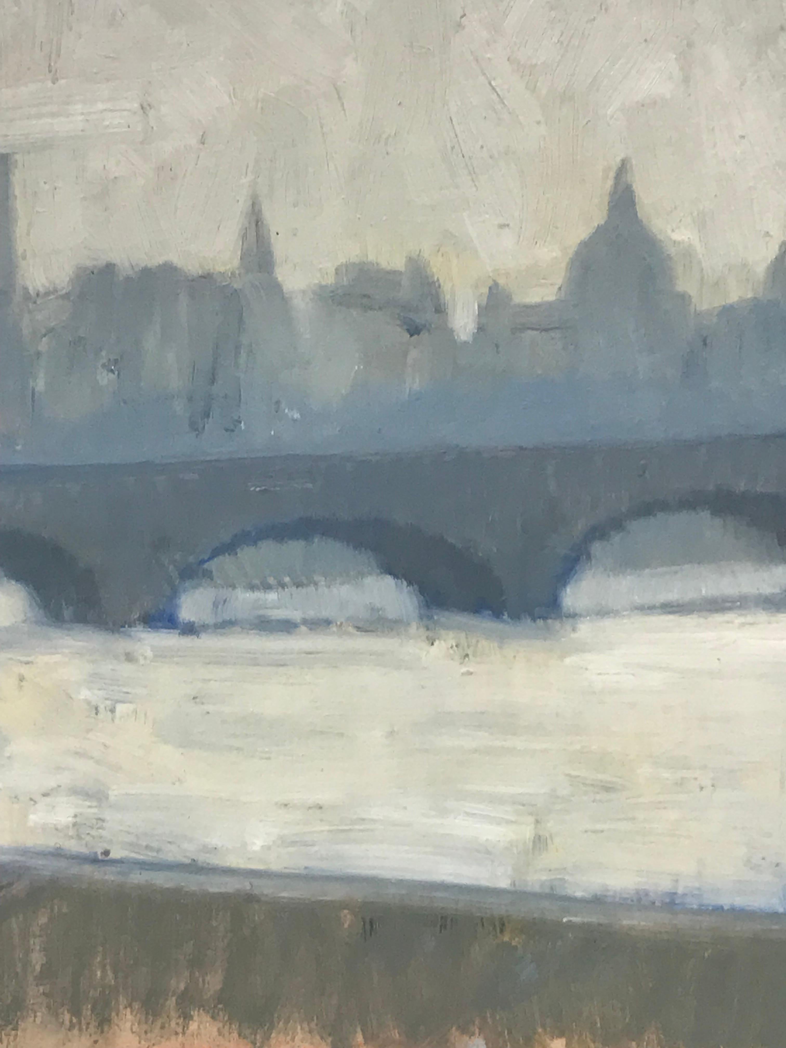 Olio firmato Modern British - Skyline di Londra vista dal fiume Tamigi, toni grigi - Landscape Painting Grigio di Anton Matthews