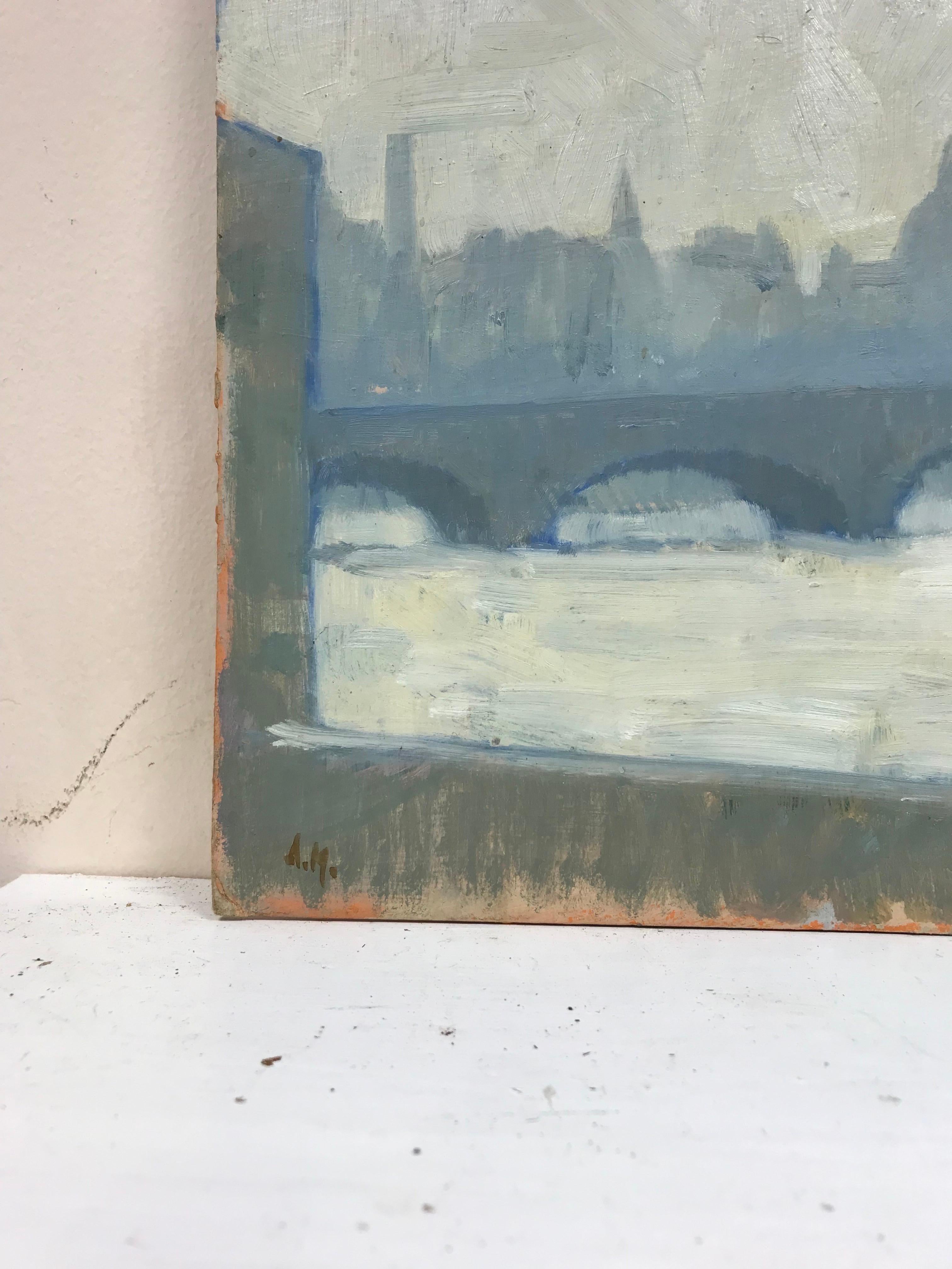 Olio firmato Modern British - Skyline di Londra vista dal fiume Tamigi, toni grigi in vendita 1