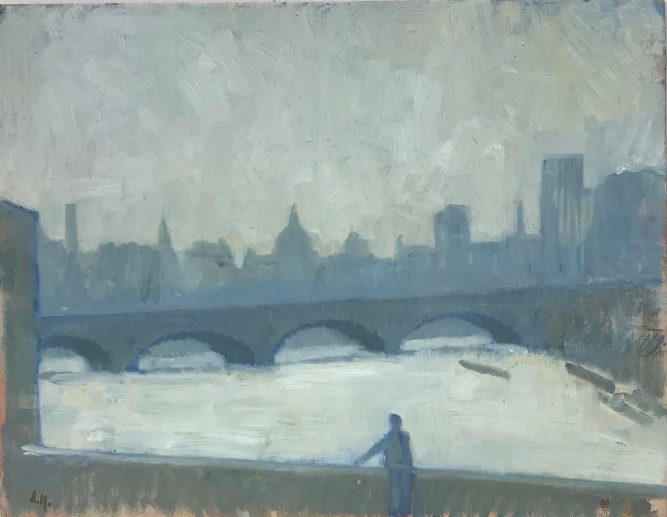 Landscape Painting di Anton Matthews - Olio firmato Modern British - Skyline di Londra vista dal fiume Tamigi, toni grigi