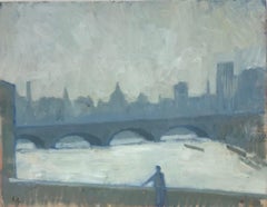 Óleo firmado Modern British - Panorama de Londres visto desde el río Támesis, tonos grises