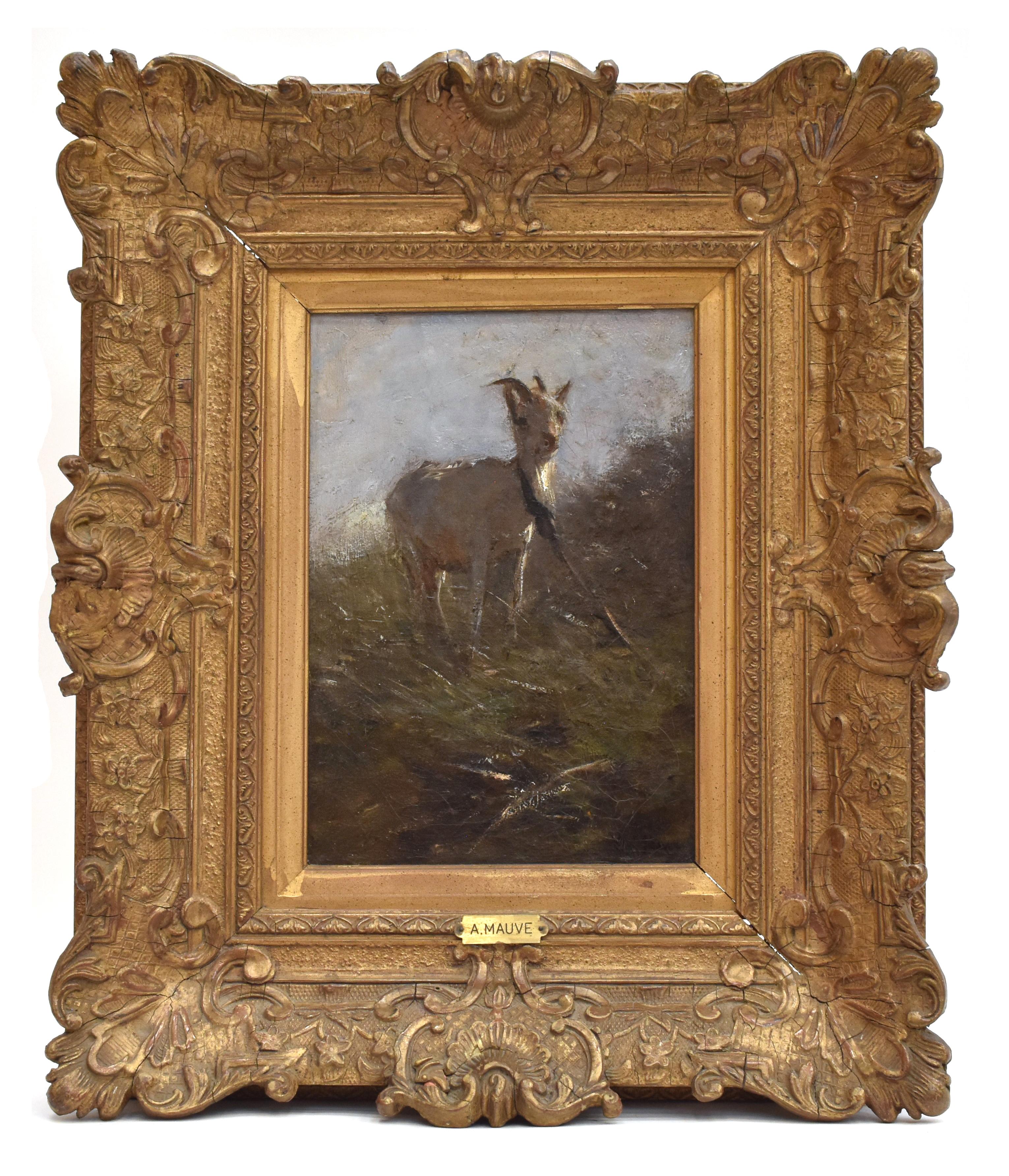 Anton Mauve Animal Painting - Goat in woods - Dutch artist, oil on canvas, animal and nature