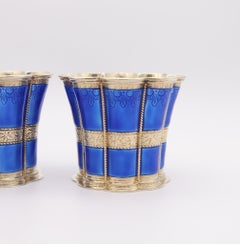 ANTON MICHELSEN 1930 Pair Of Blue Enameled Fluted Vases In Sterling Silver