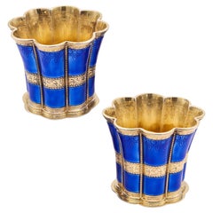 ANTON MICHELSEN 1930 Pair Of Blue Enameled Fluted Vases In Sterling Silver