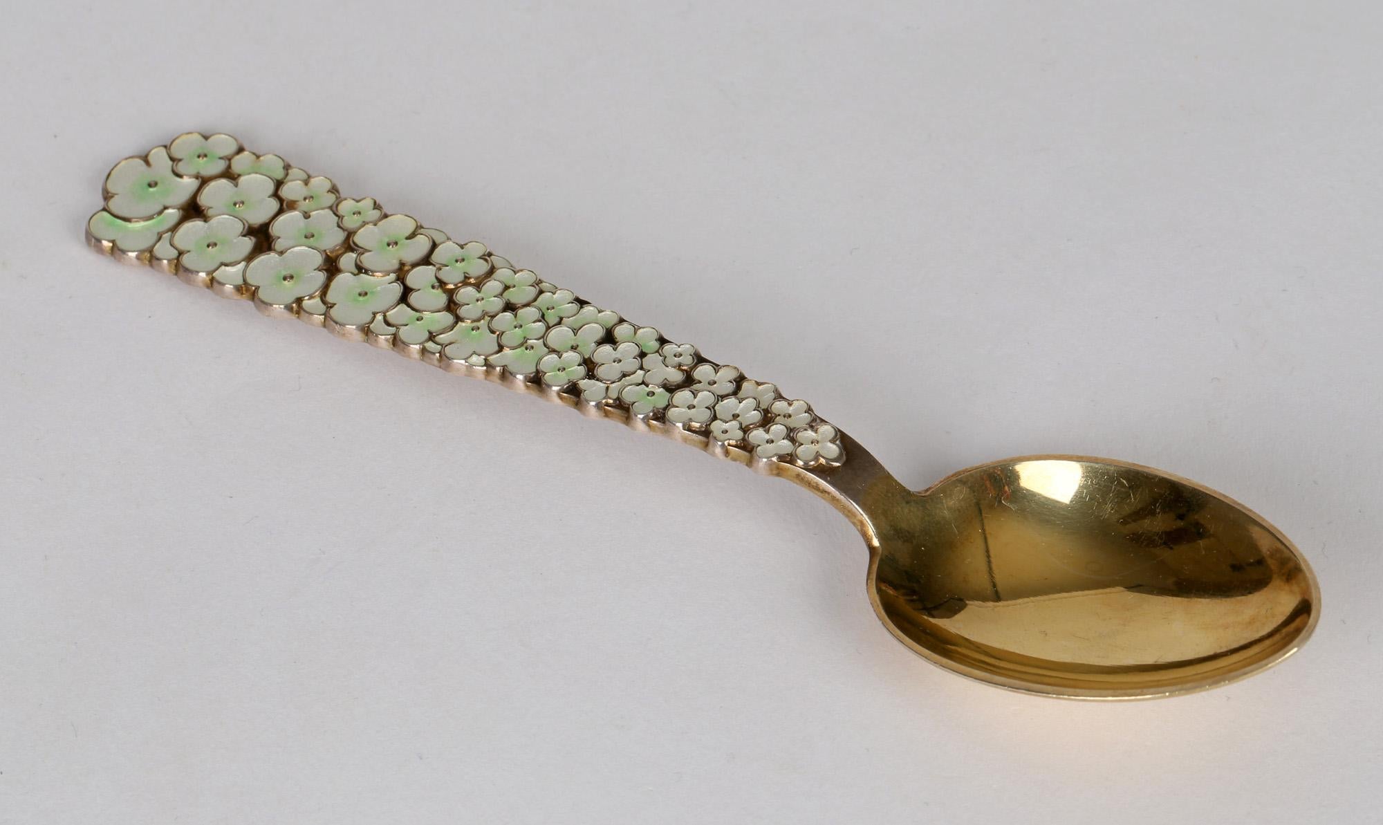 Anton Michelsen Danish Enameled Commemorative Silver Floral Spoon For Sale 1