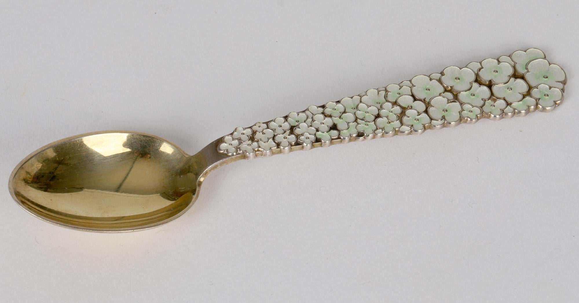 Anton Michelsen Danish Enameled Commemorative Silver Floral Spoon For Sale 2