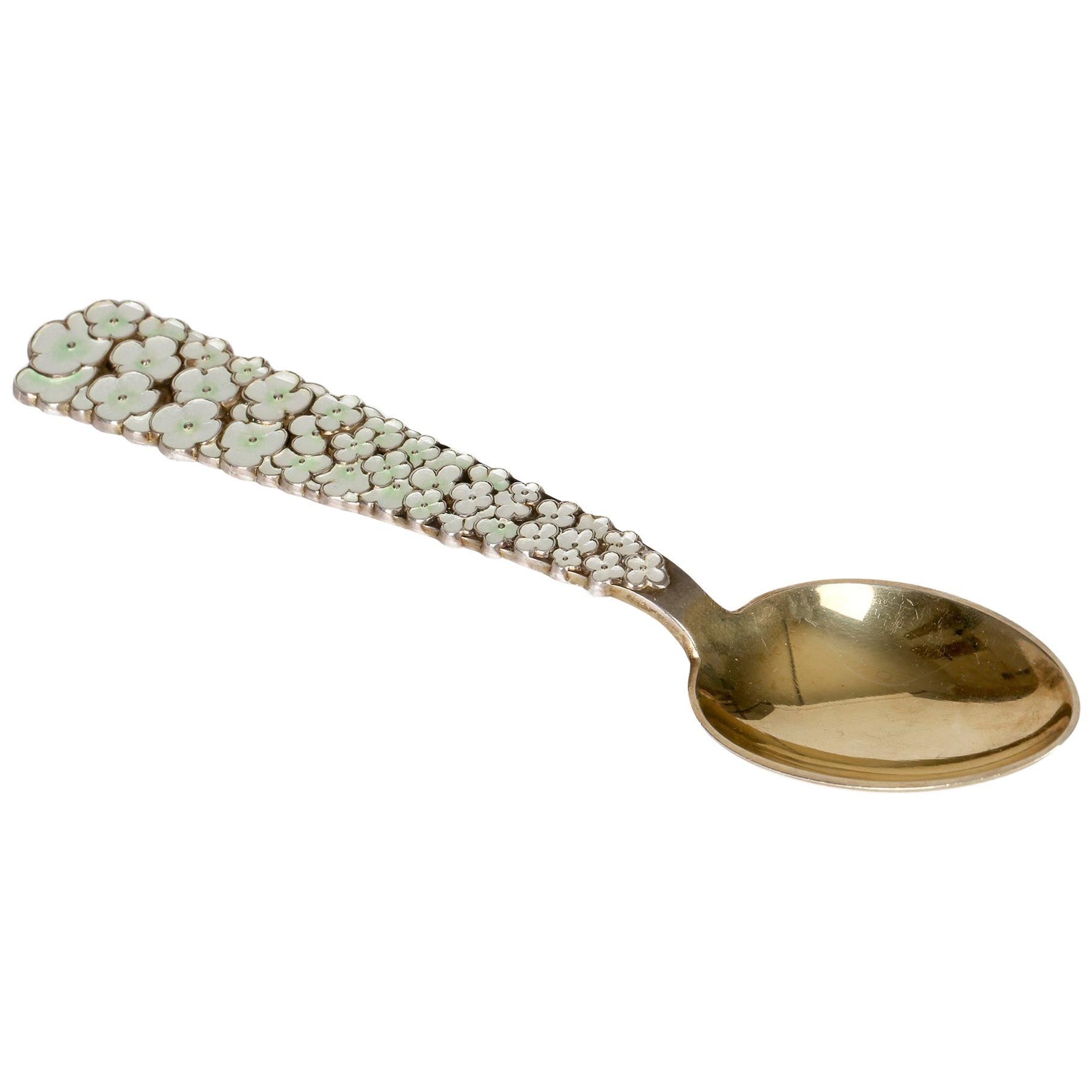 Anton Michelsen Danish Enameled Commemorative Silver Floral Spoon For Sale