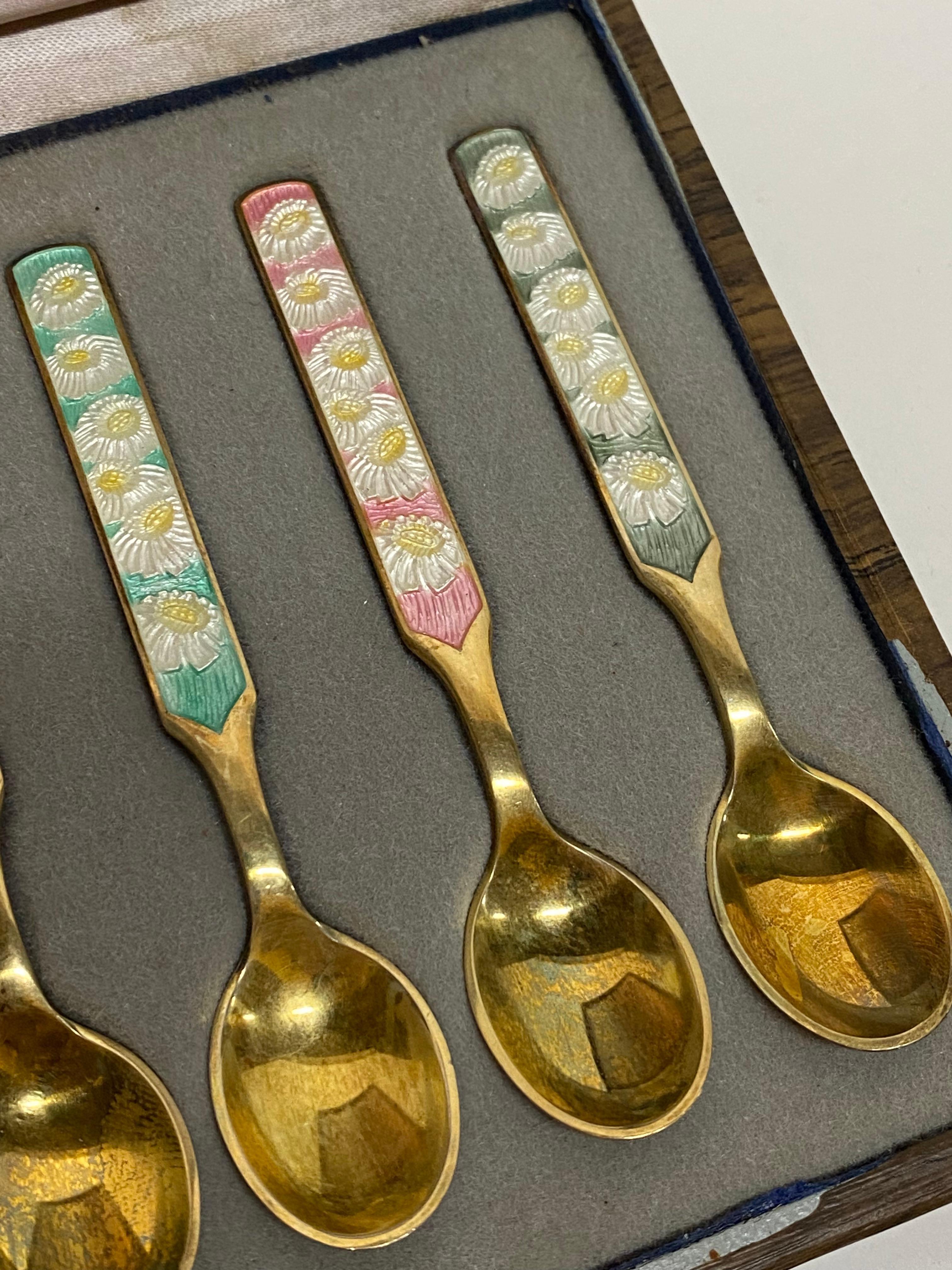 Scandinavian Modern Anton Michelsen Danish Enameled Sterling Silver Demitasse Spoons, Set of Six