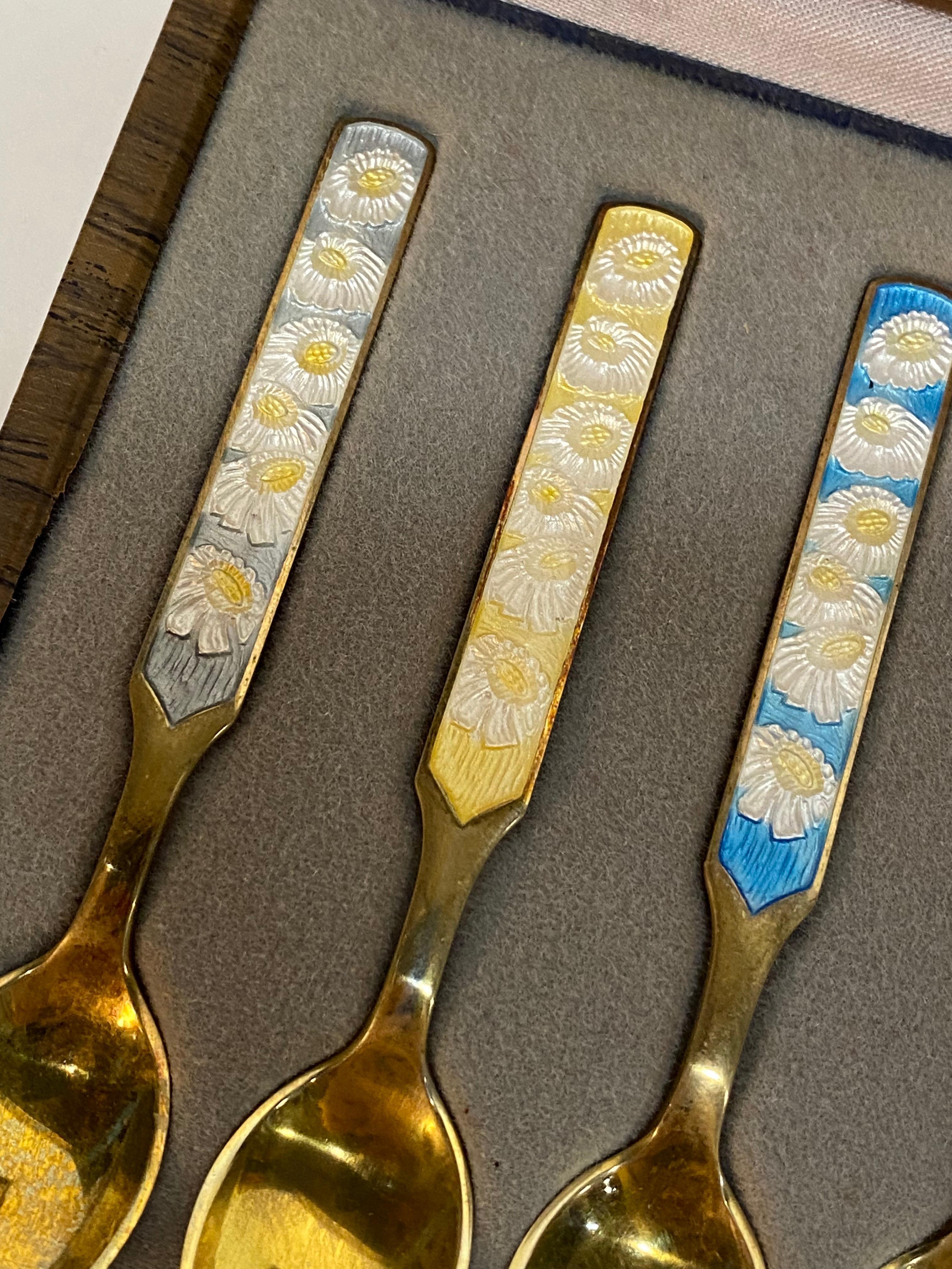 Anton Michelsen Danish Enameled Sterling Silver Demitasse Spoons, Set of Six In Good Condition For Sale In Garnerville, NY