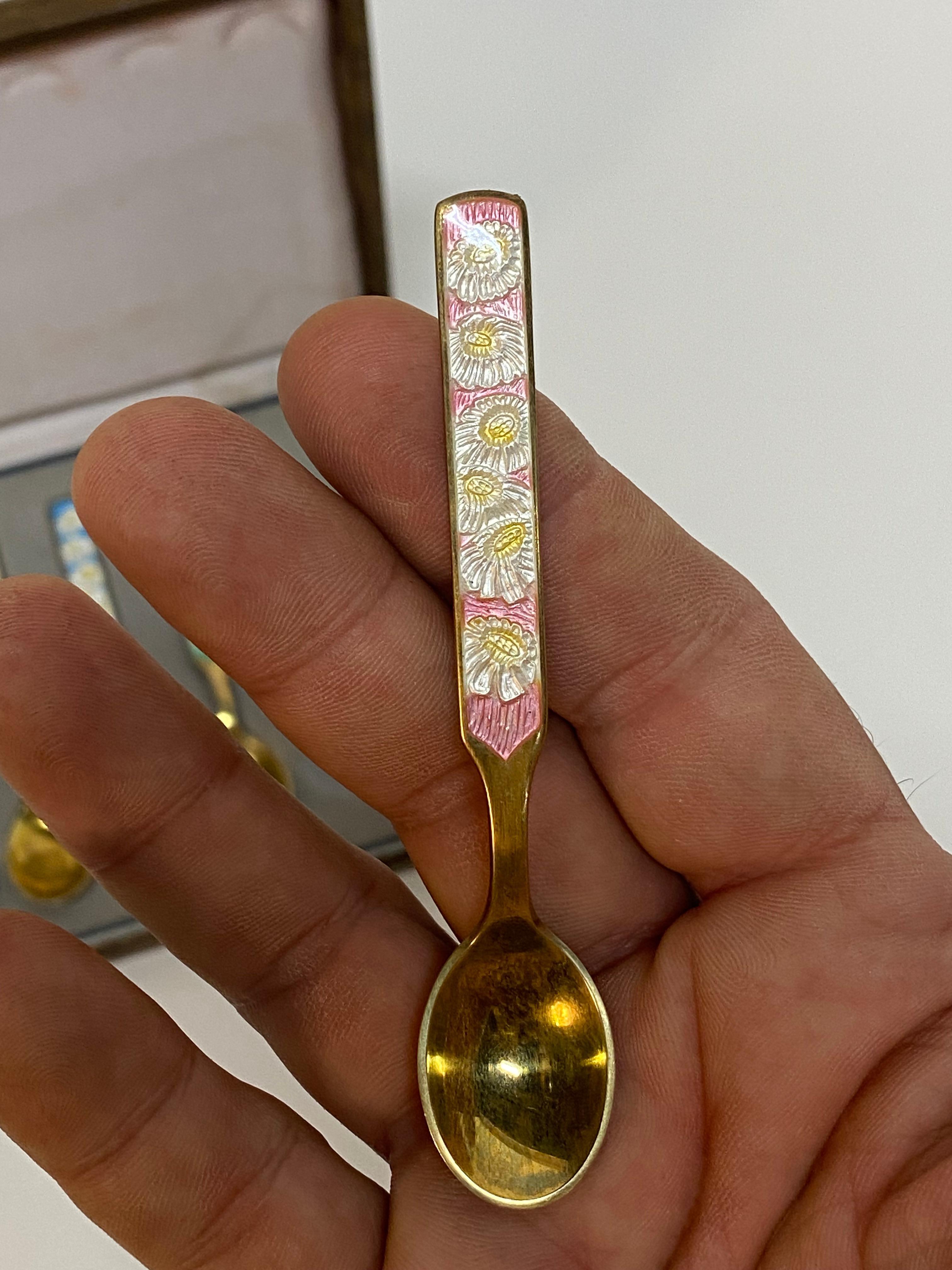 Mid-20th Century Anton Michelsen Danish Enameled Sterling Silver Demitasse Spoons, Set of Six For Sale