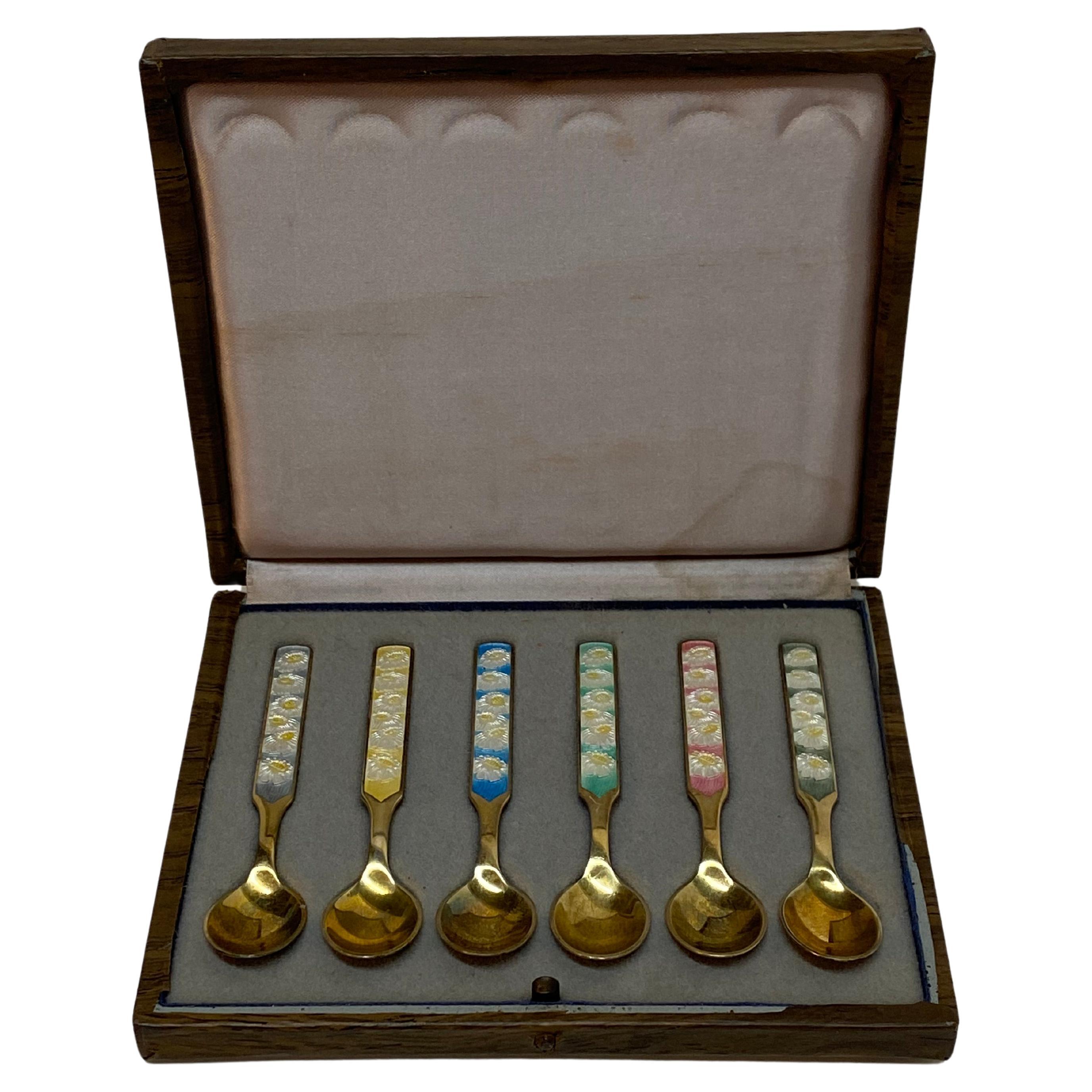 Anton Michelsen Danish Enameled Sterling Silver Demitasse Spoons, Set of Six