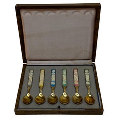 Retro Anton Michelsen Danish Enameled Sterling Silver Demitasse Spoons, Set of Six